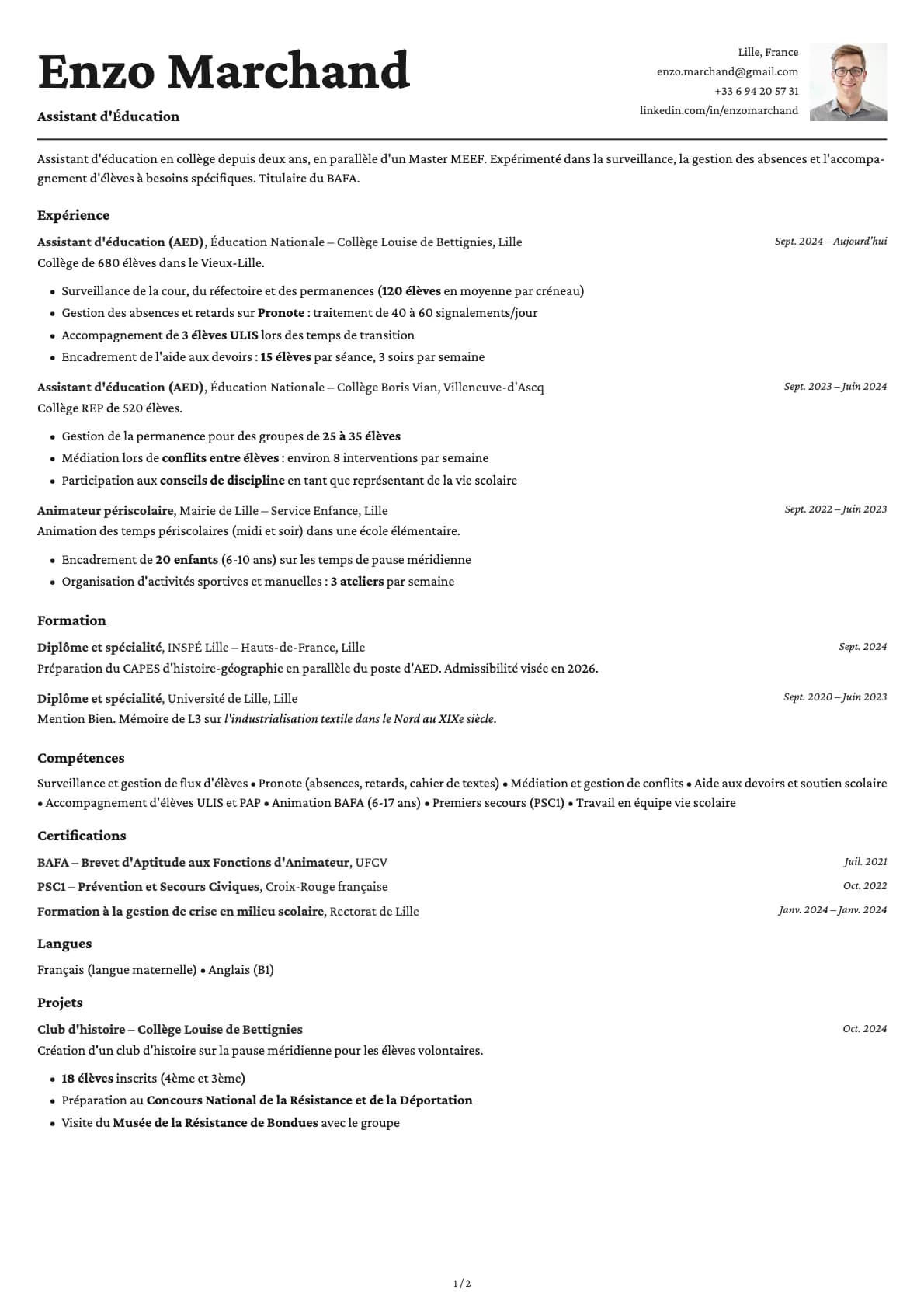 Assistant d'Éducation resume example