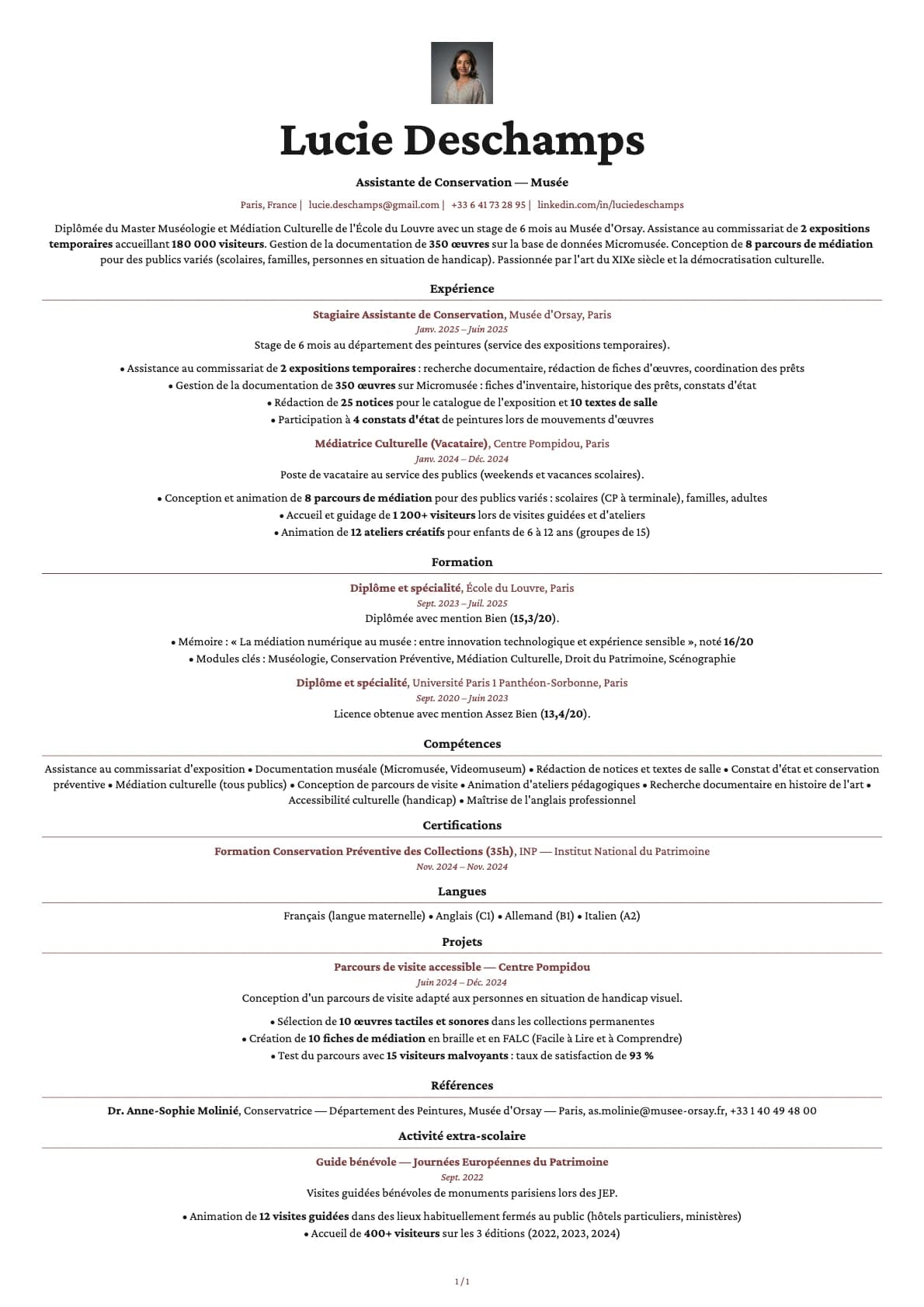 Assistant de Conservation Musée resume example