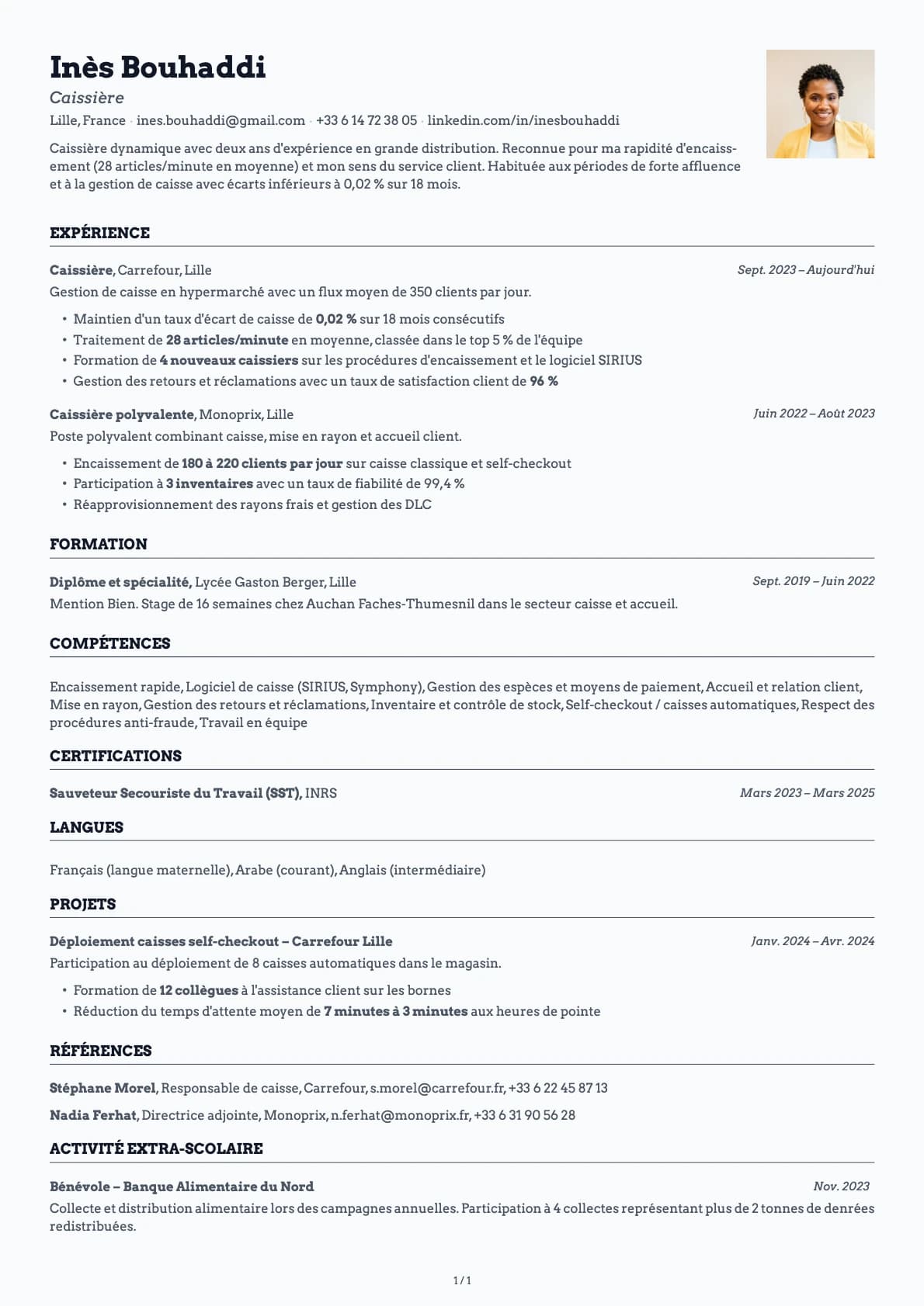 Caissier / Caissière resume example