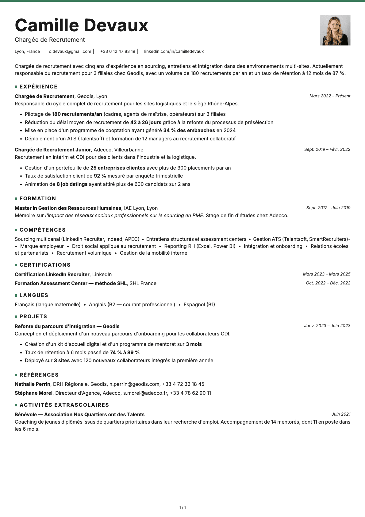 Chargé de Recrutement resume example