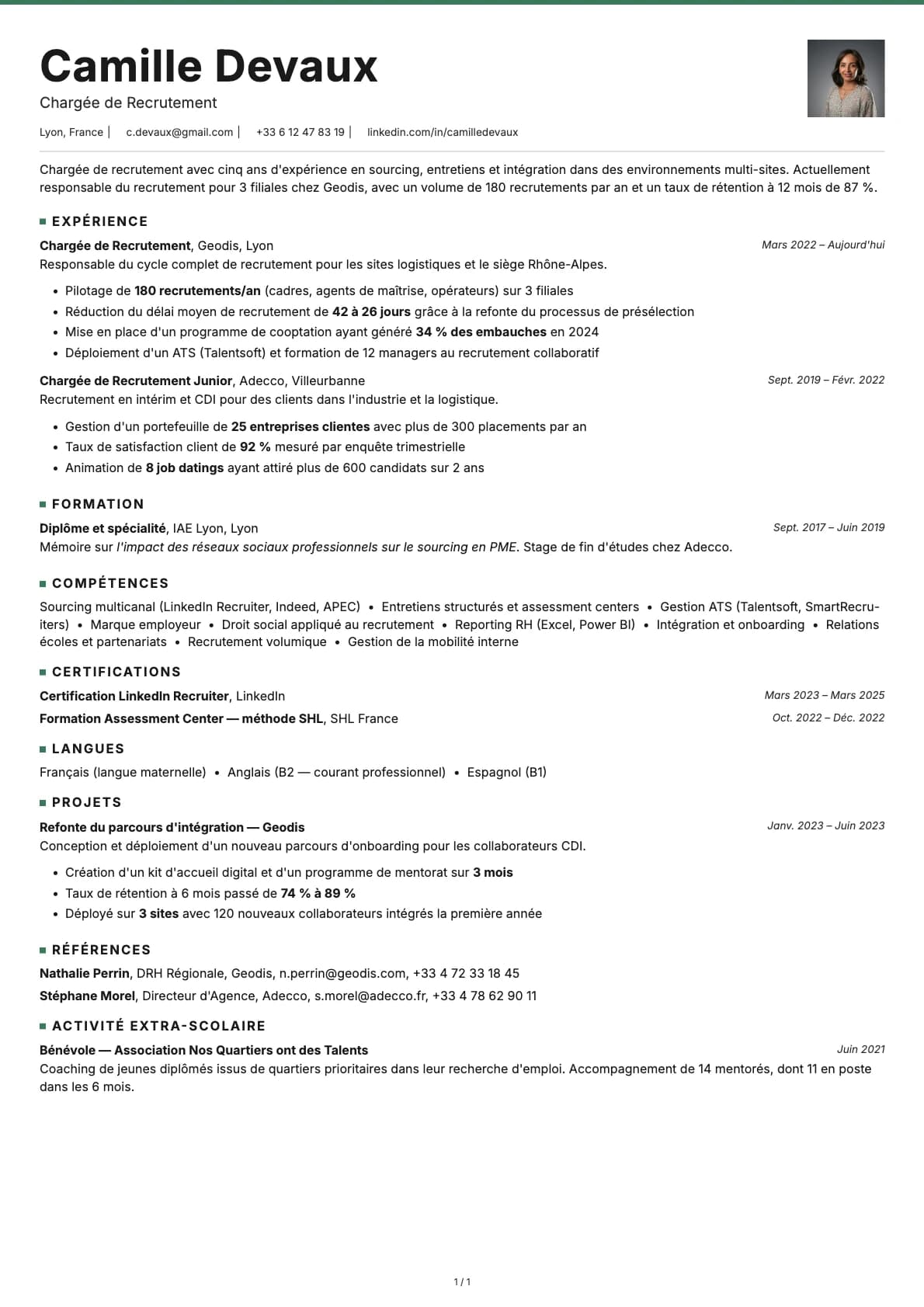 Chargé de Recrutement resume example