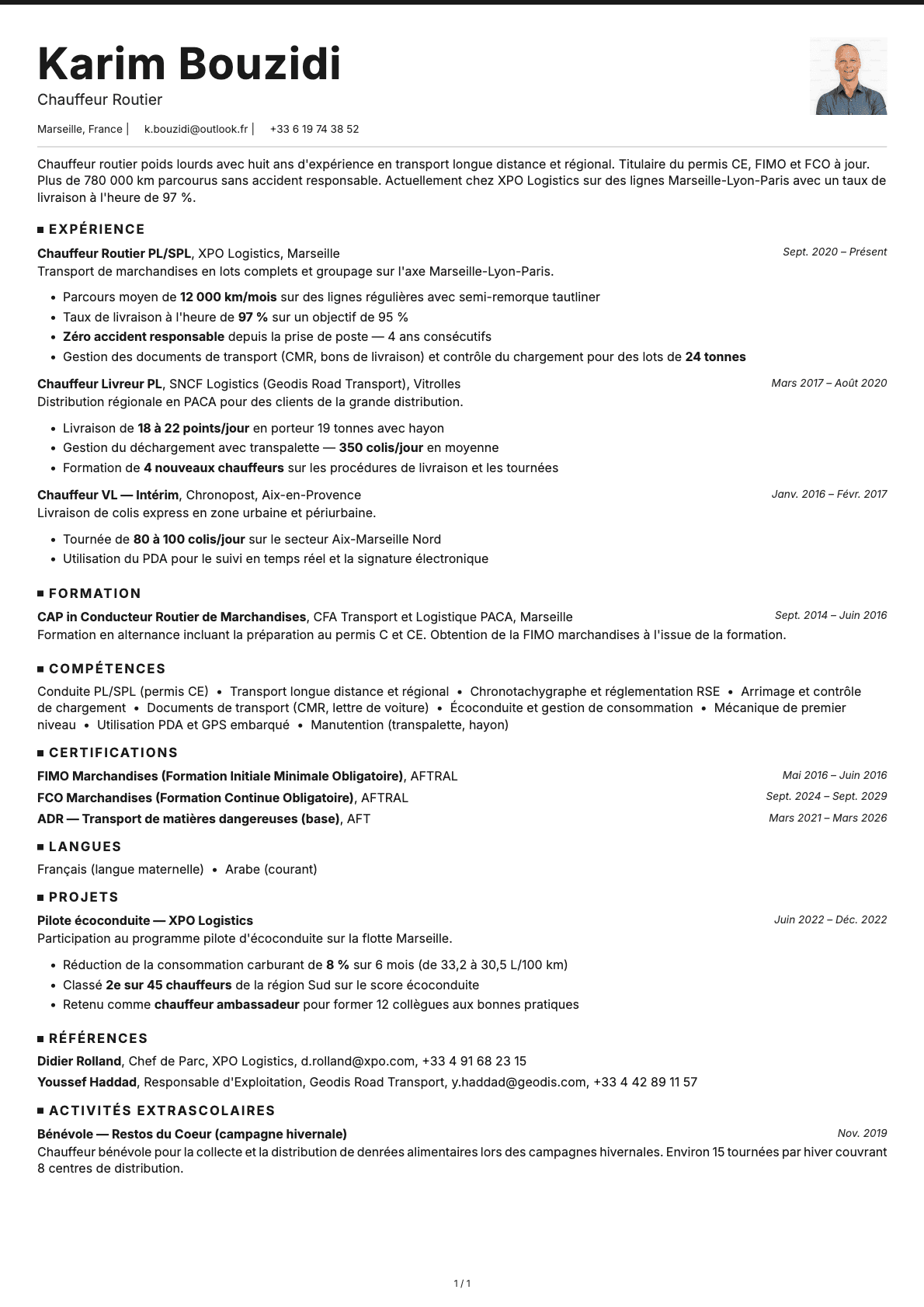 Chauffeur Routier resume example