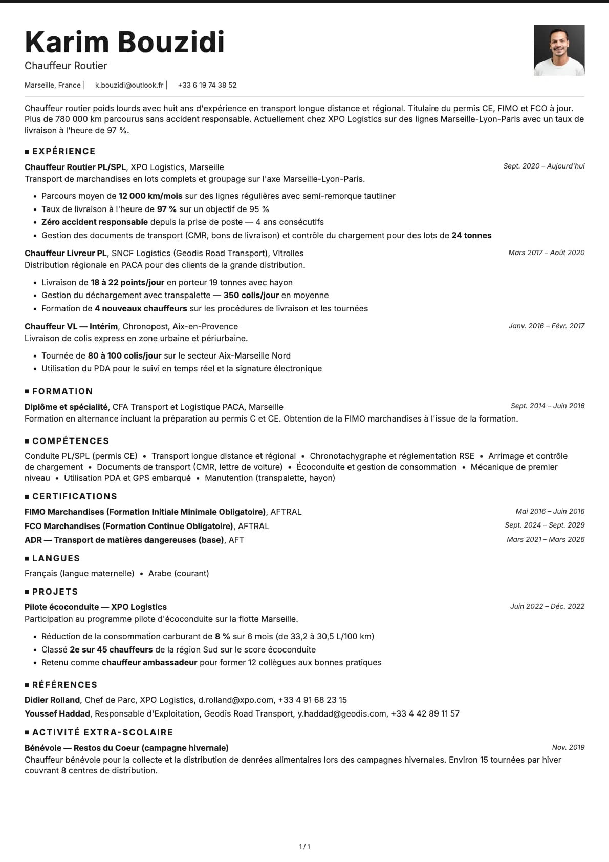 Chauffeur Routier resume example
