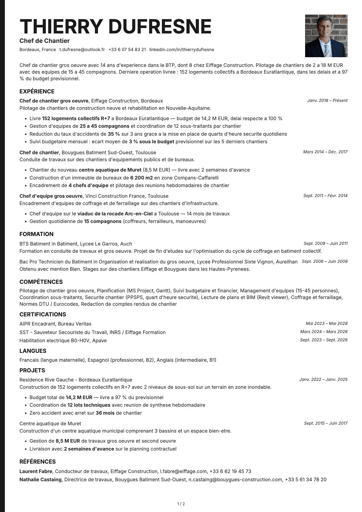 Chef de Chantier resume example