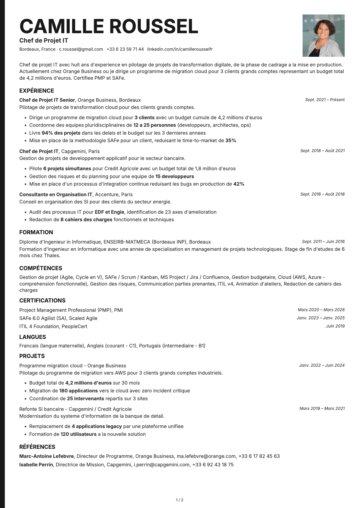 Chef de Projet IT resume example