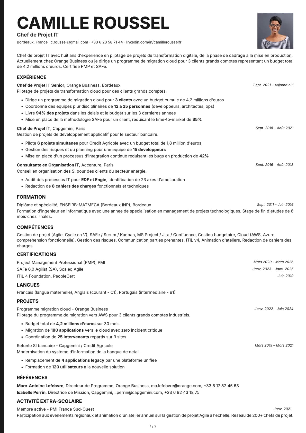 Chef de Projet IT resume example