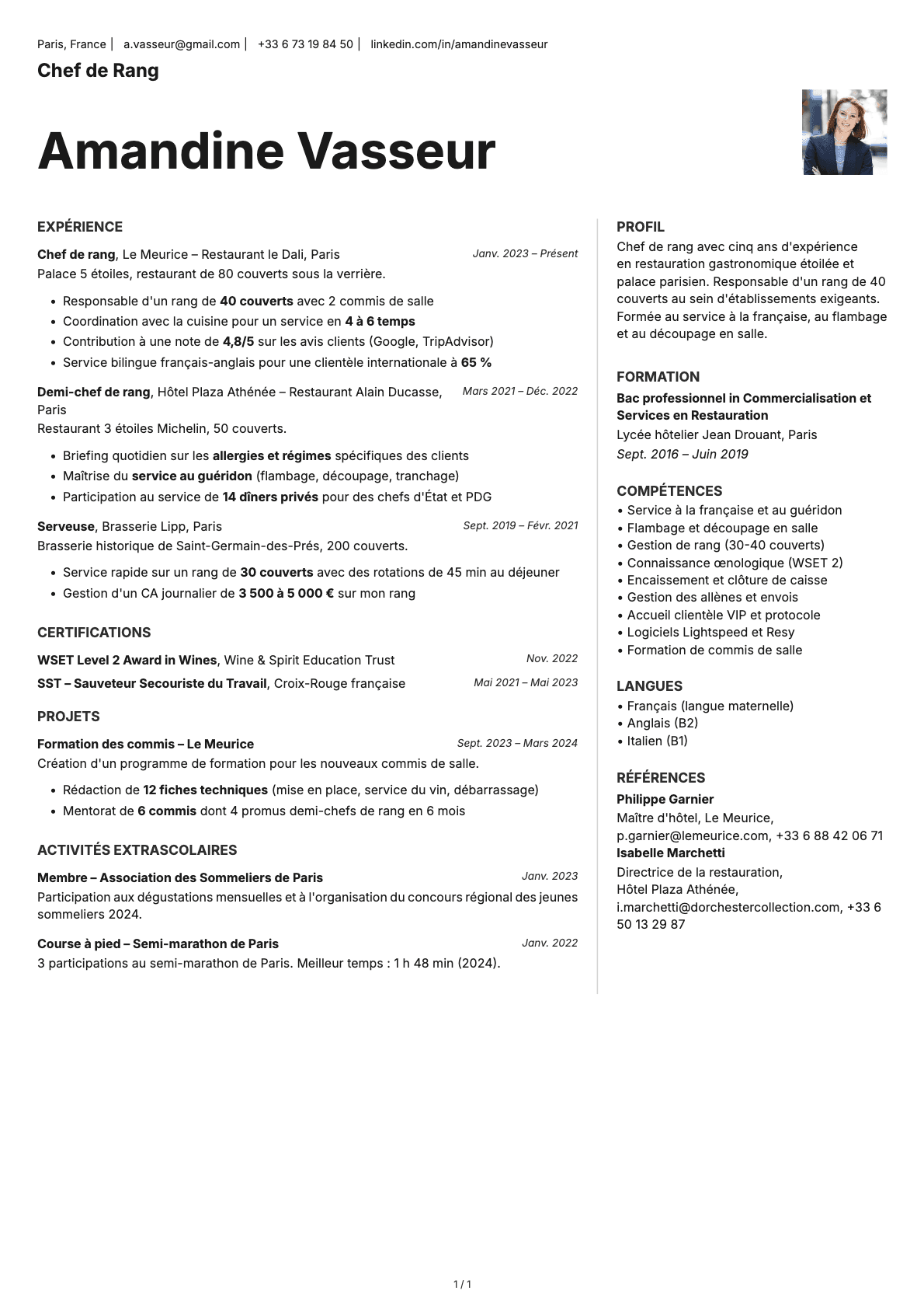 Chef de Rang resume example