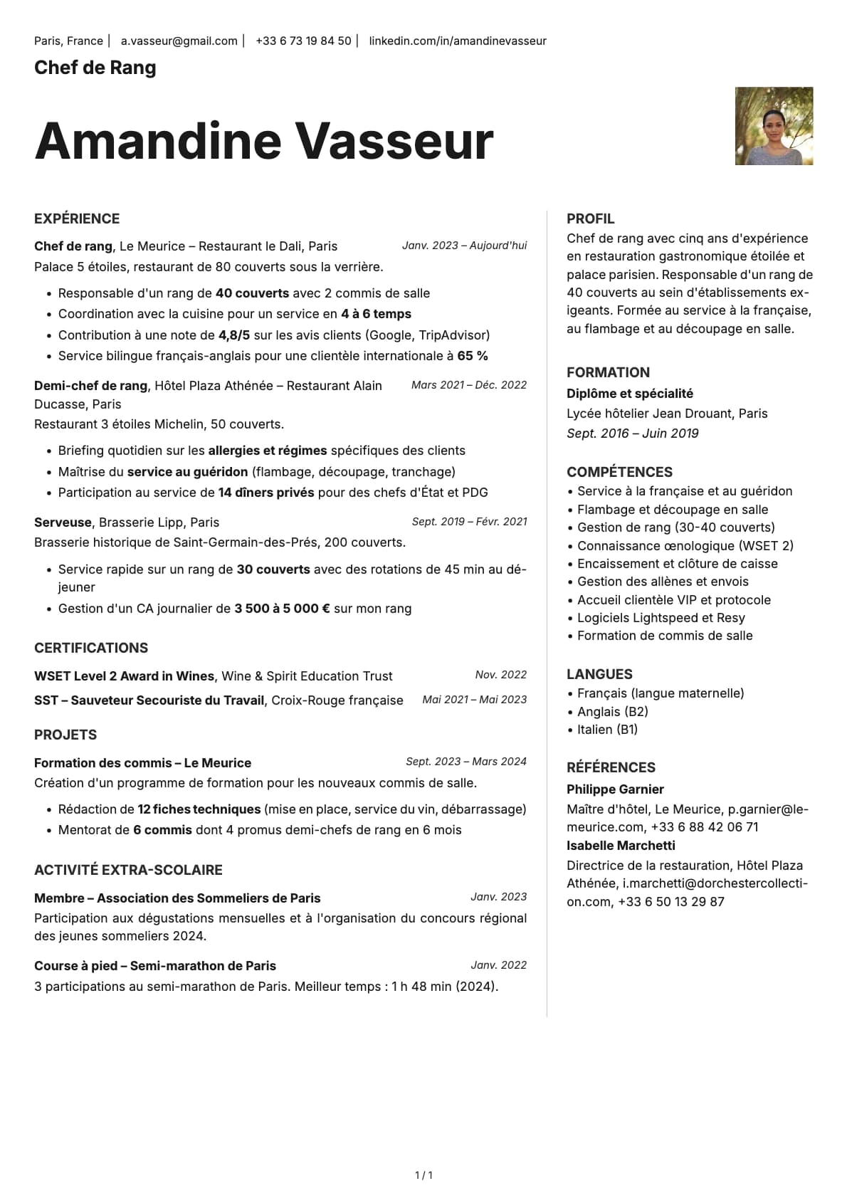 Chef de Rang resume example