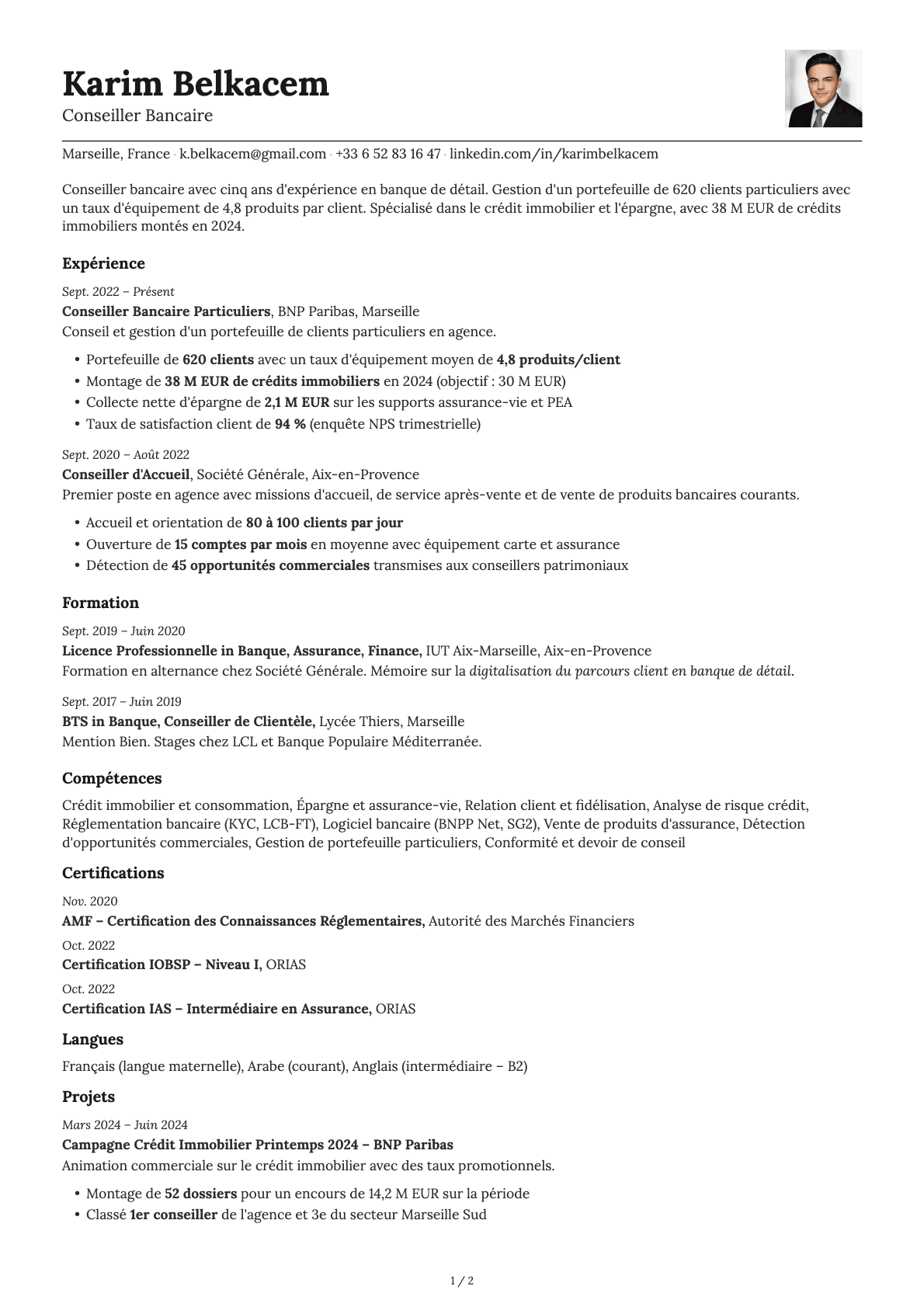 Conseiller Bancaire resume example