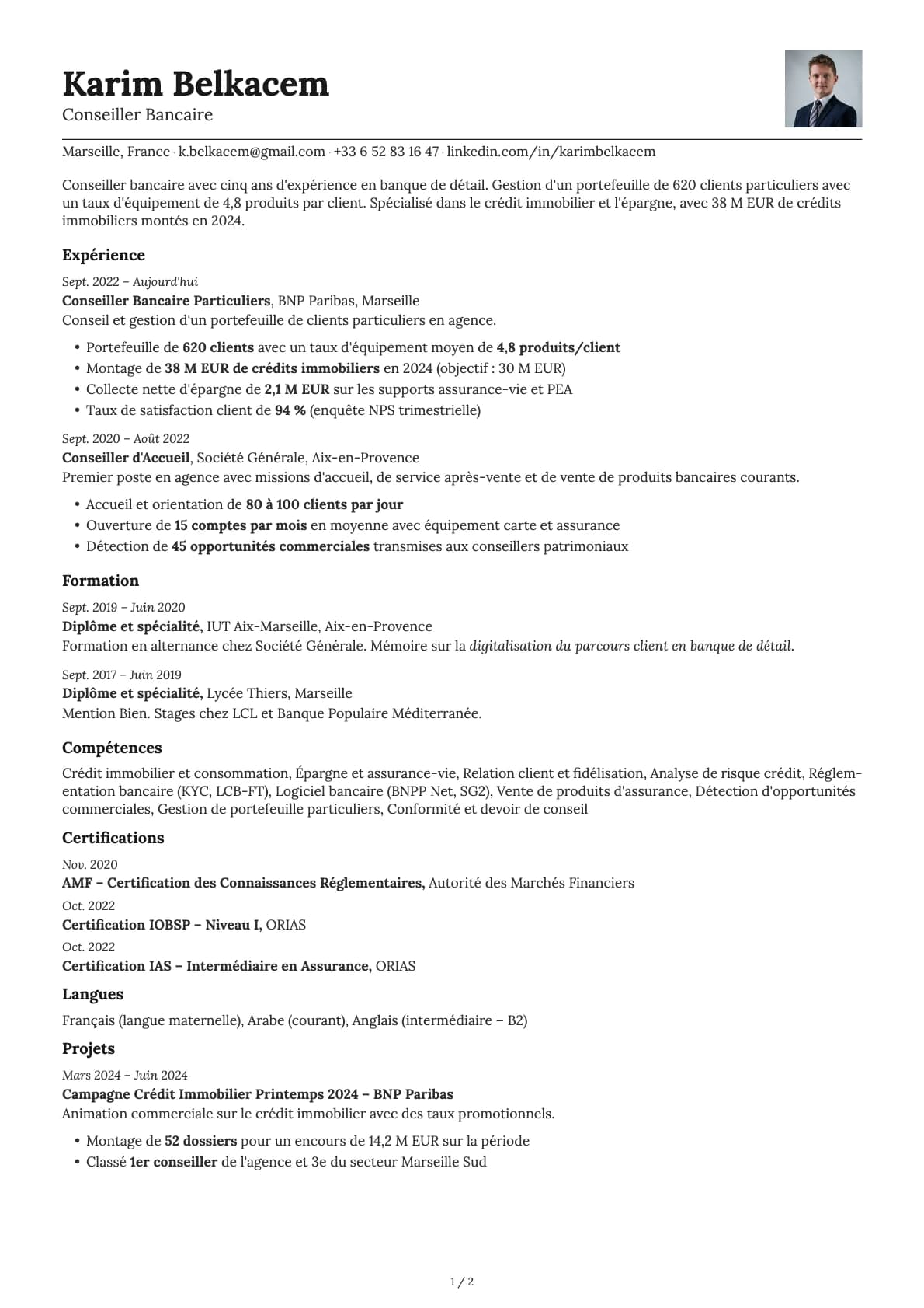 Conseiller Bancaire resume example