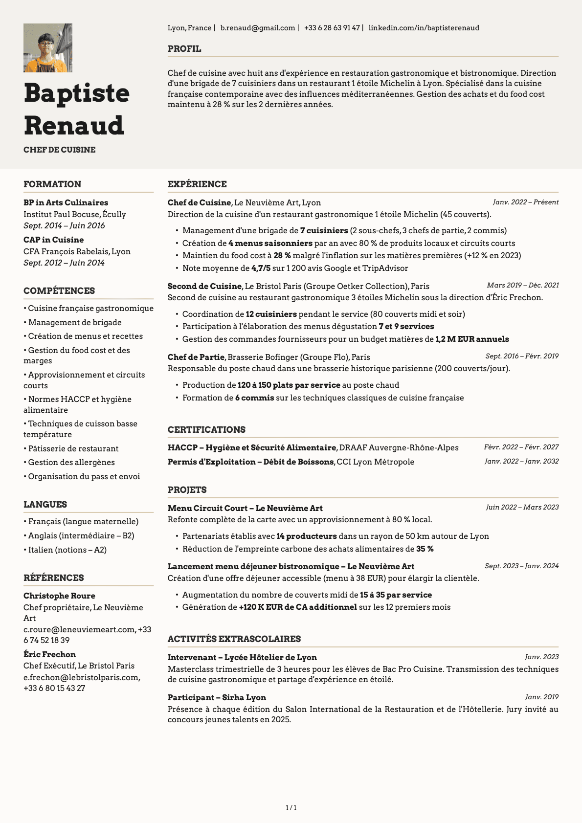 Cuisinier / Chef de Cuisine resume example