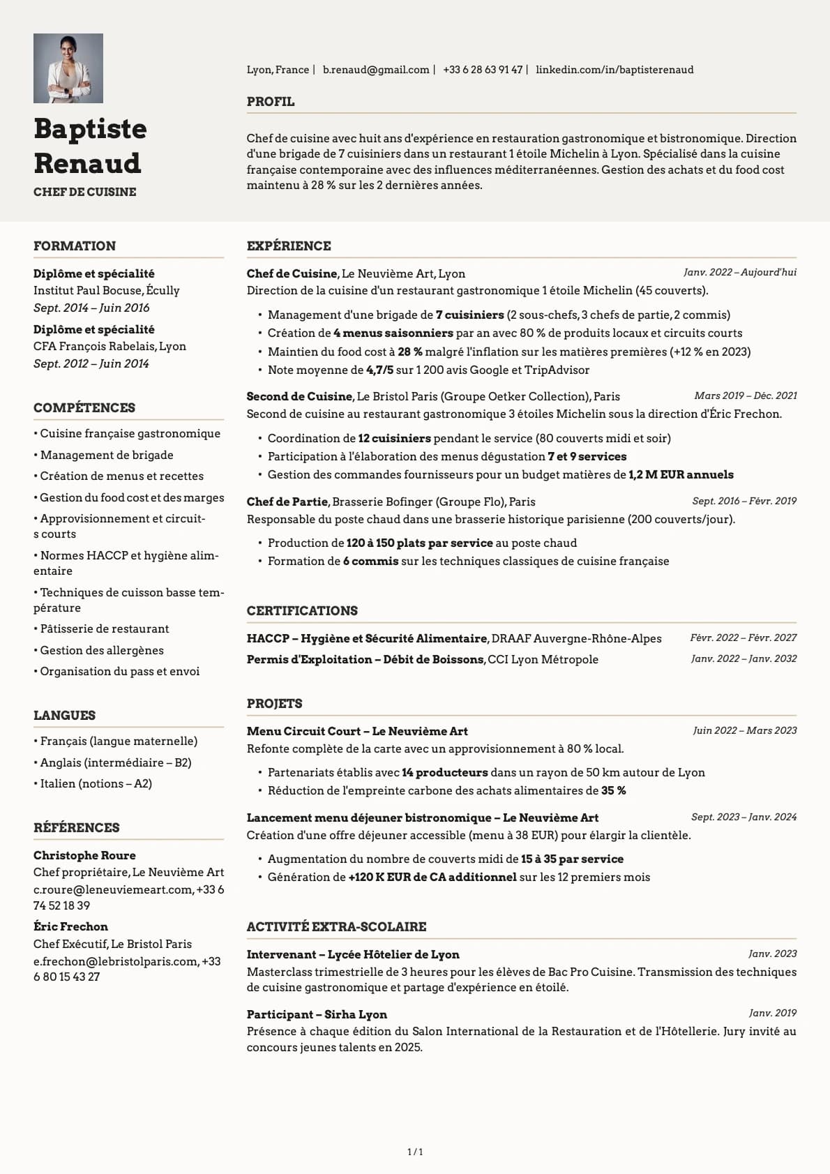 Cuisinier / Chef de Cuisine resume example