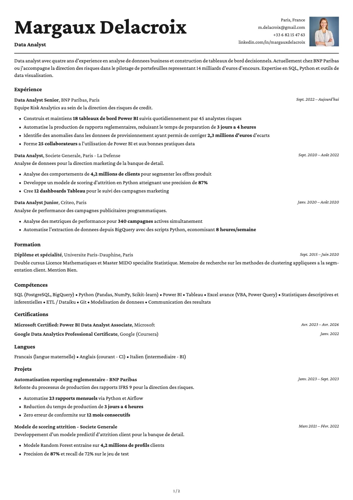 Analyste de donnees resume example