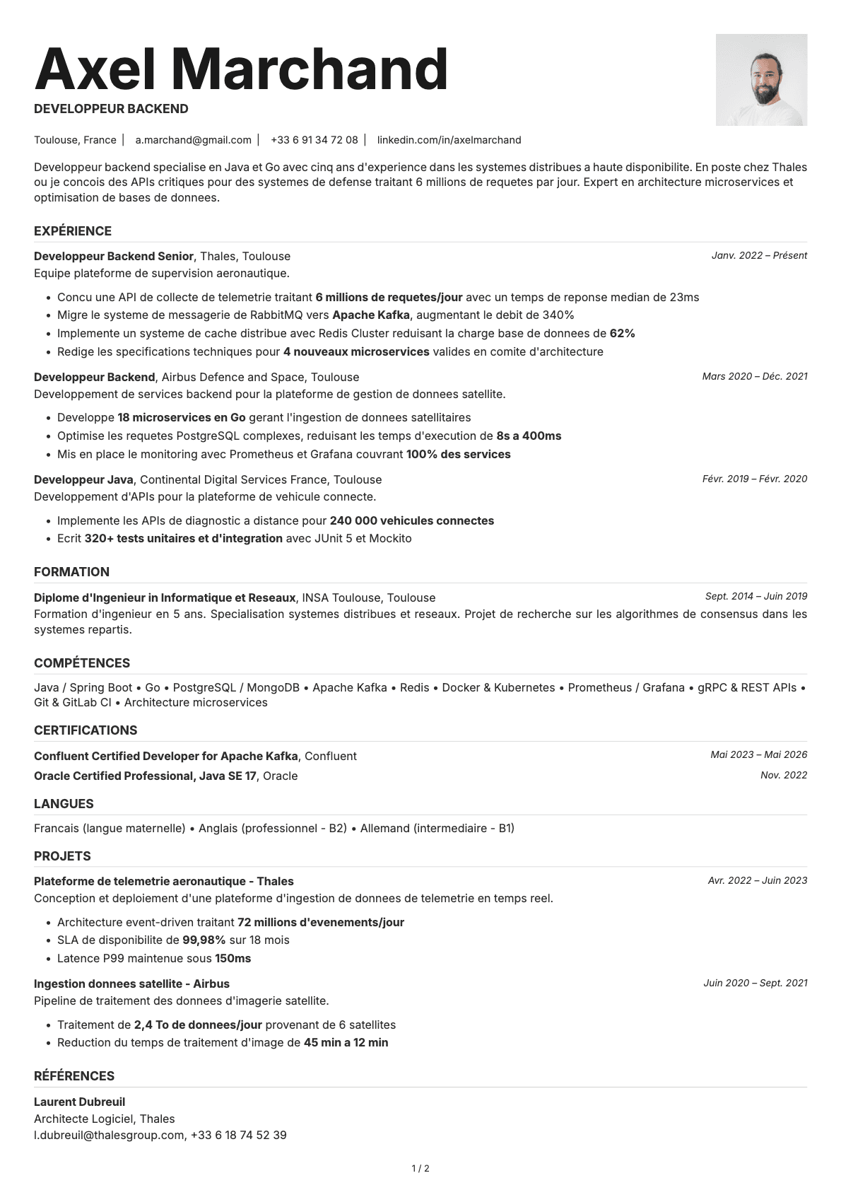 Développeur Backend resume example