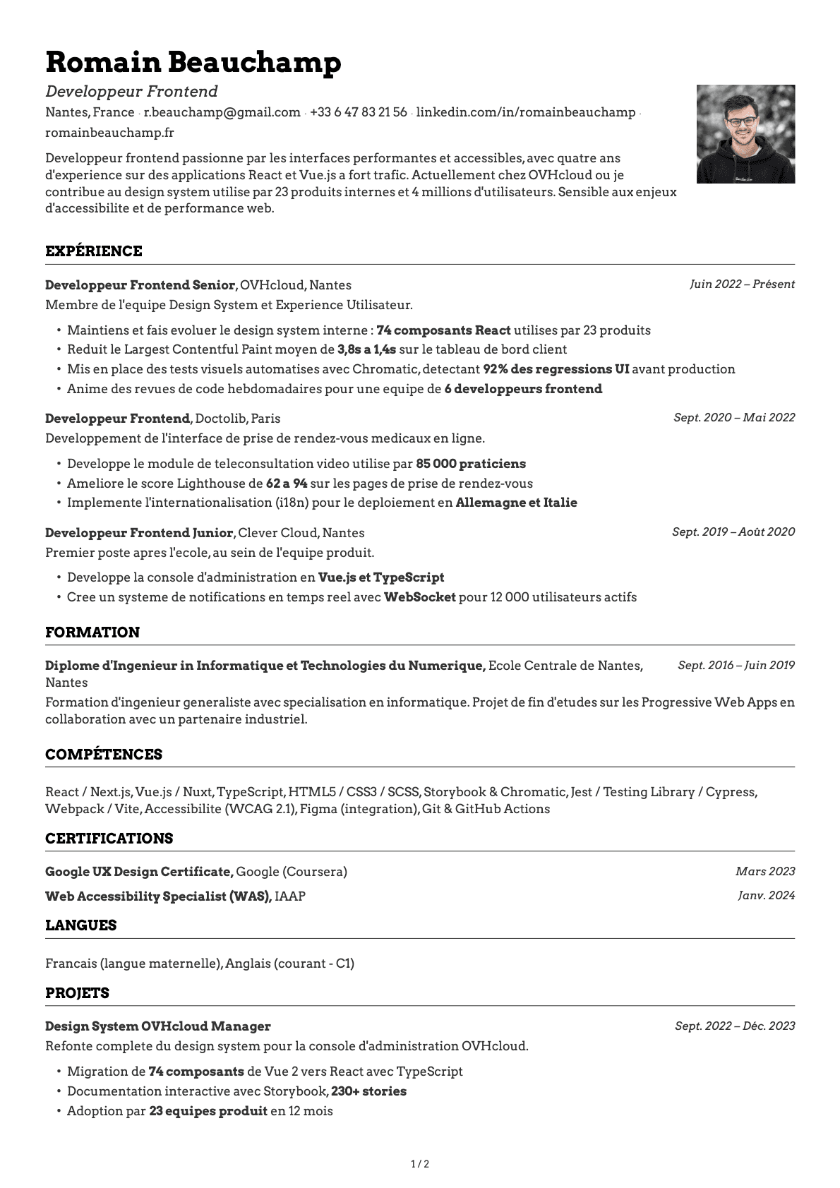Développeur Frontend resume example