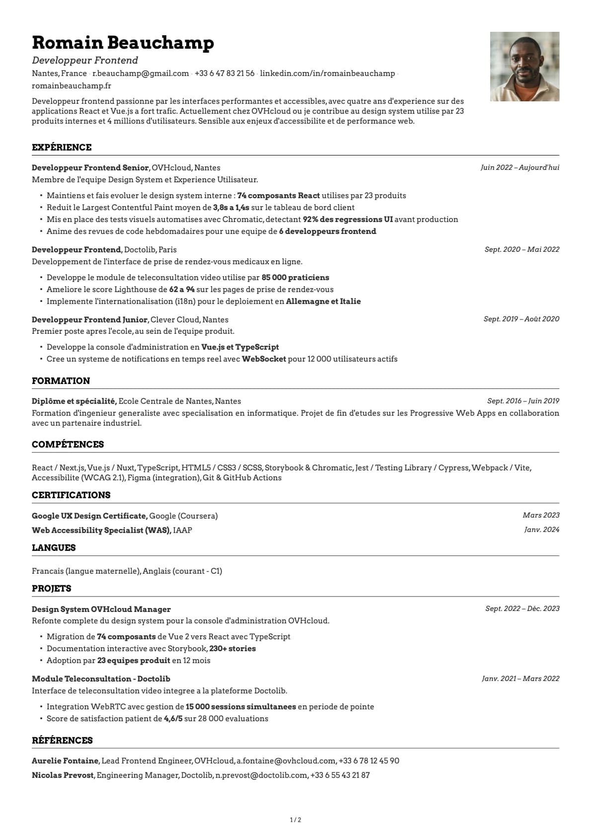 Développeur Frontend resume example