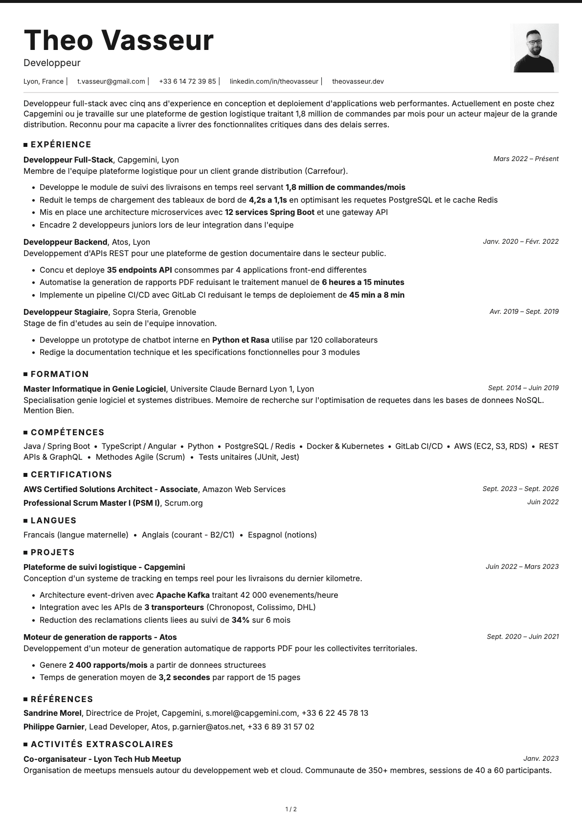 Développeur resume example