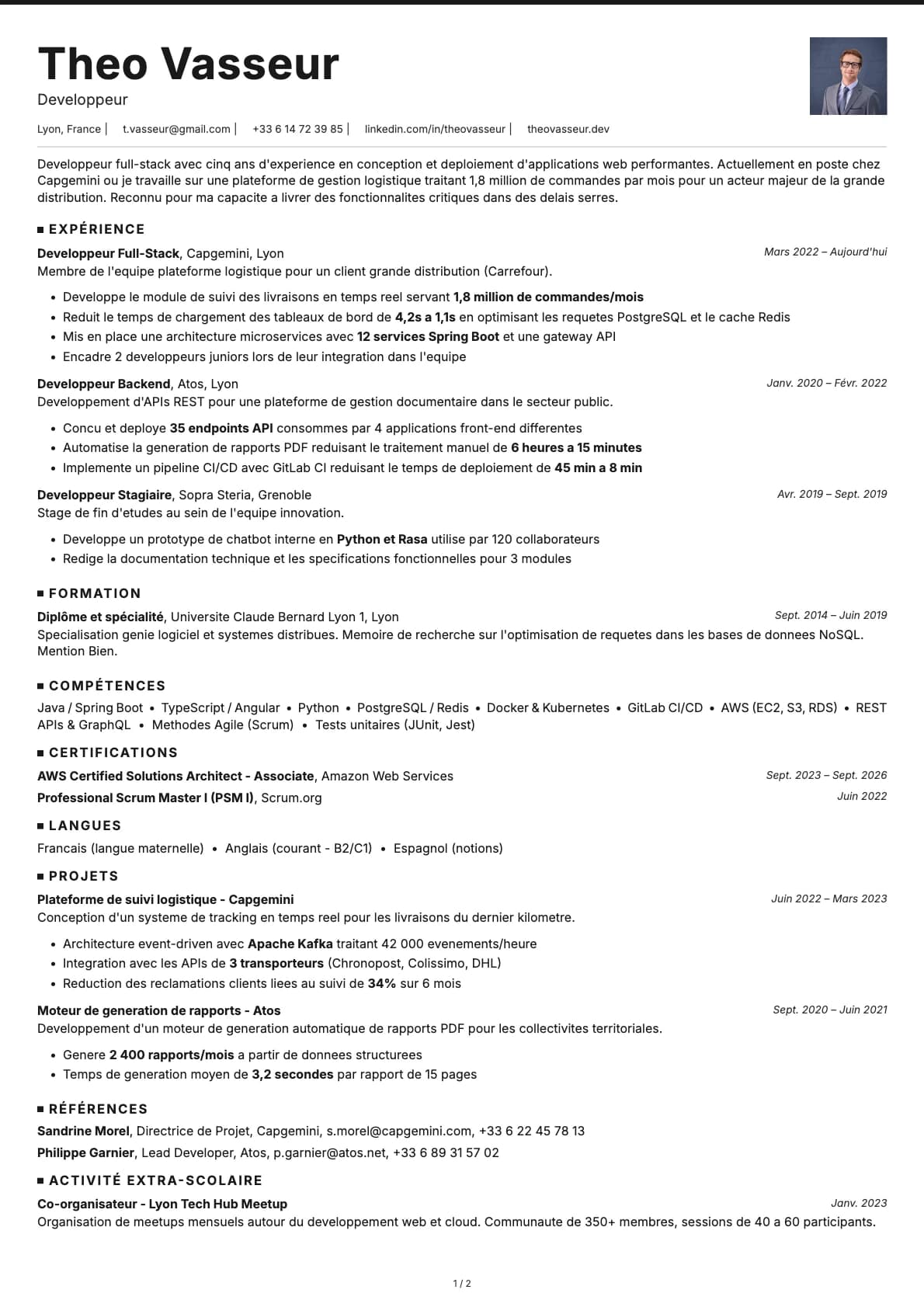 Développeur resume example