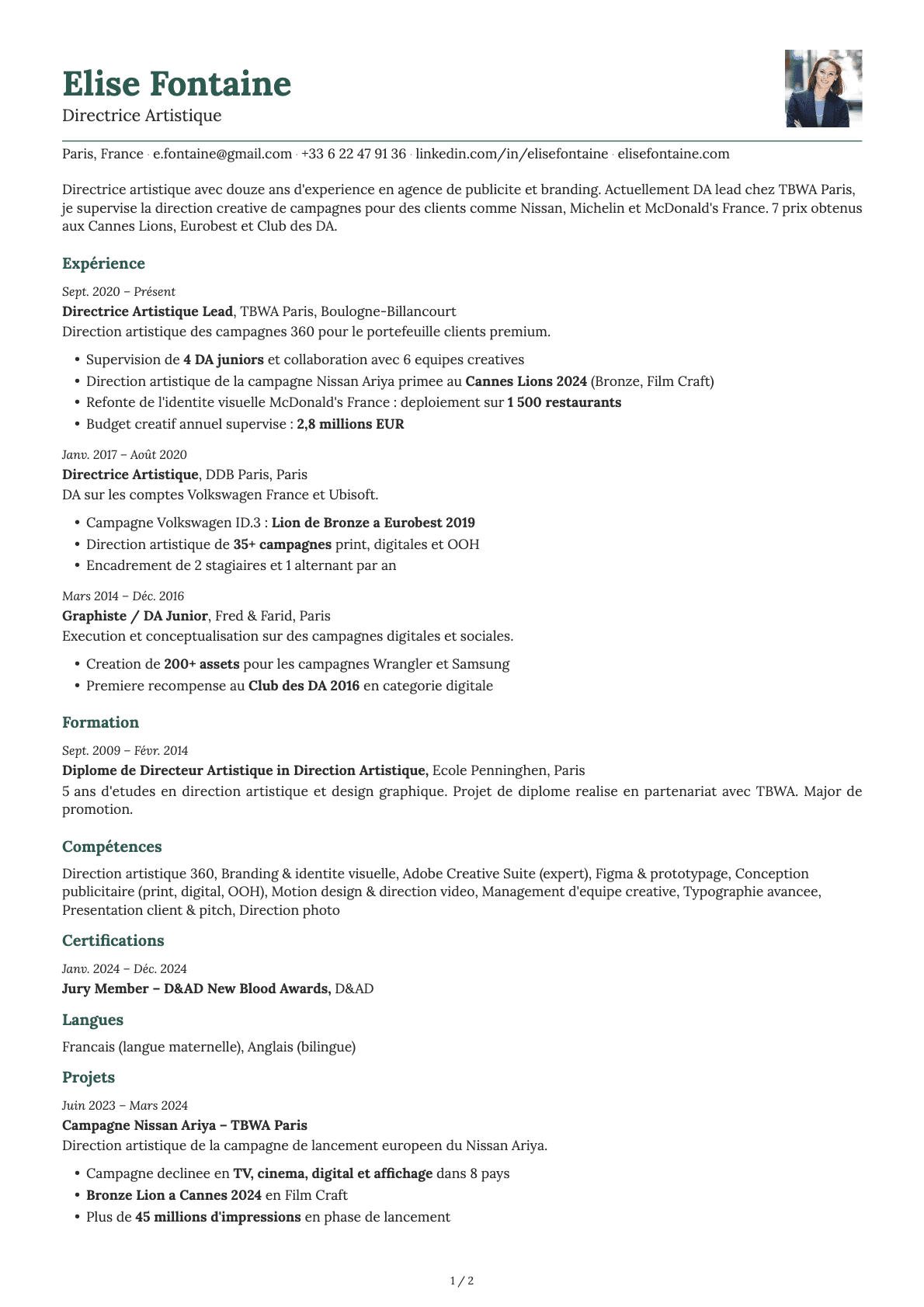 Directeur Artistique resume example