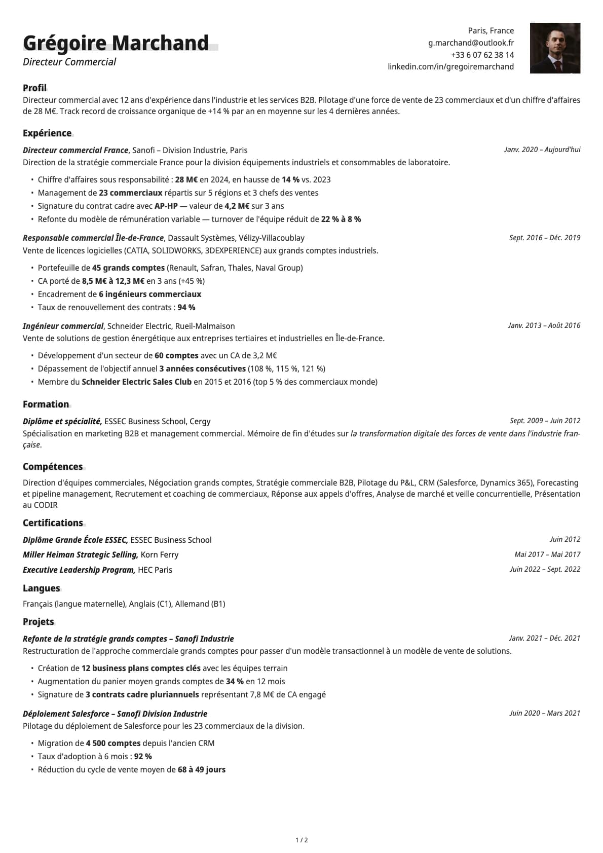 Directeur Commercial resume example