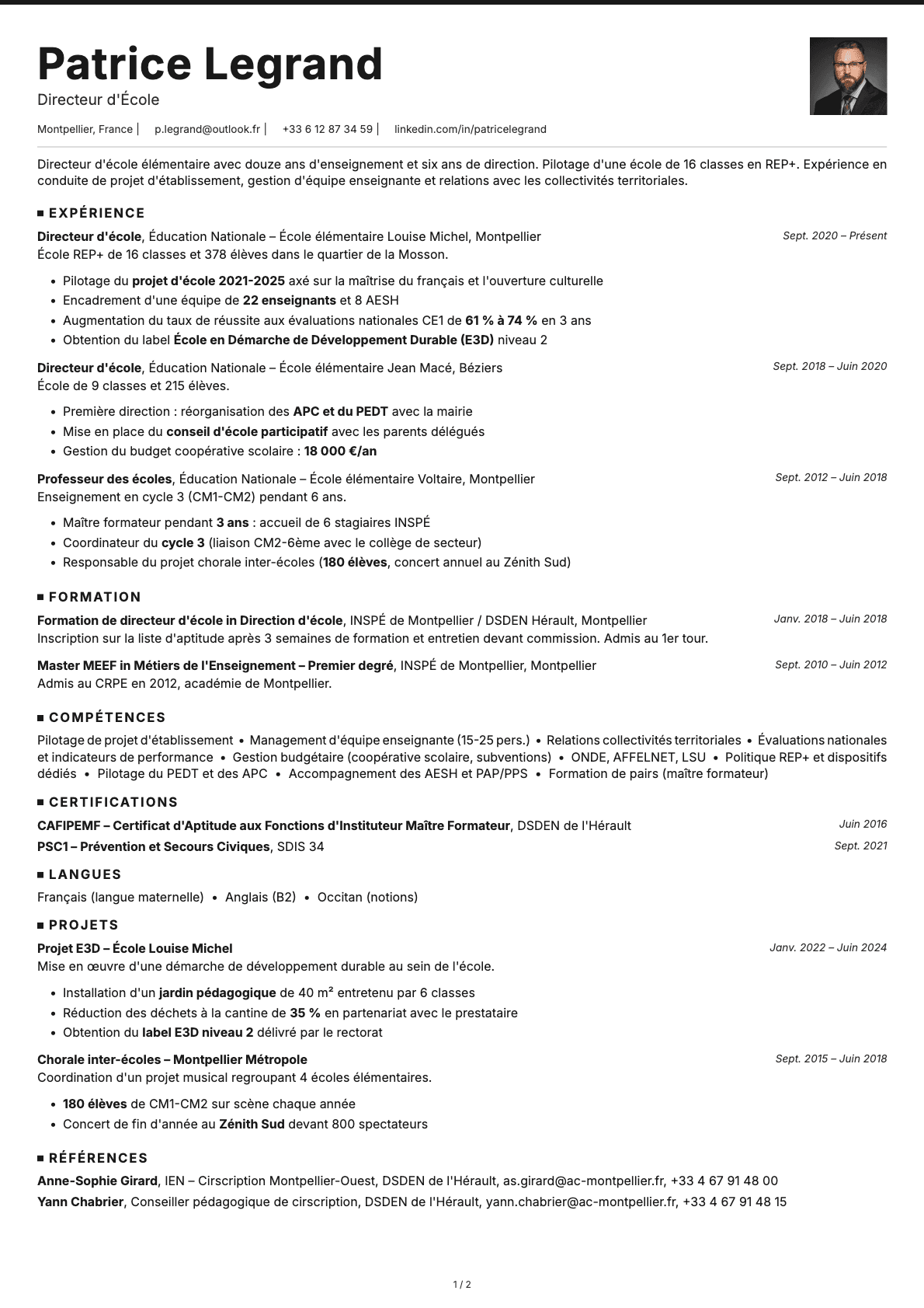 Directeur d'École resume example