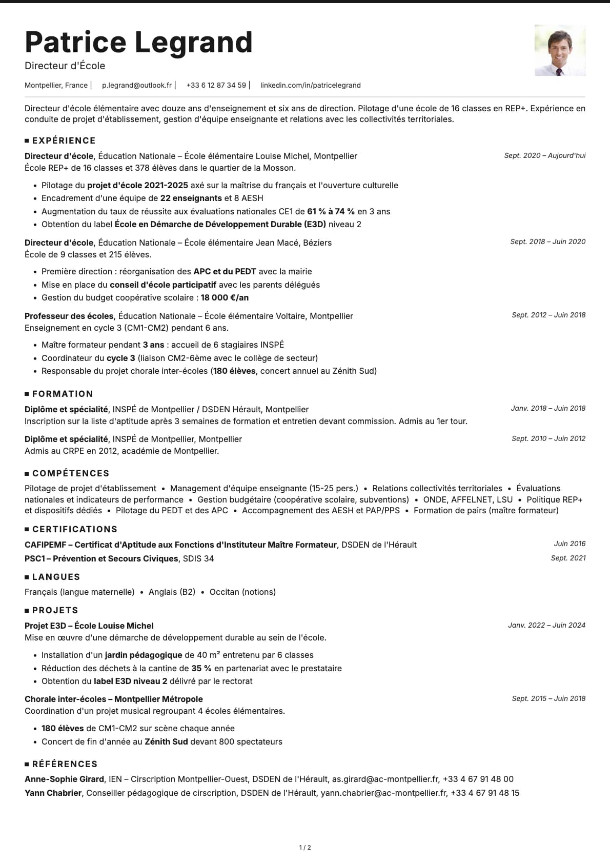 Directeur d'École resume example