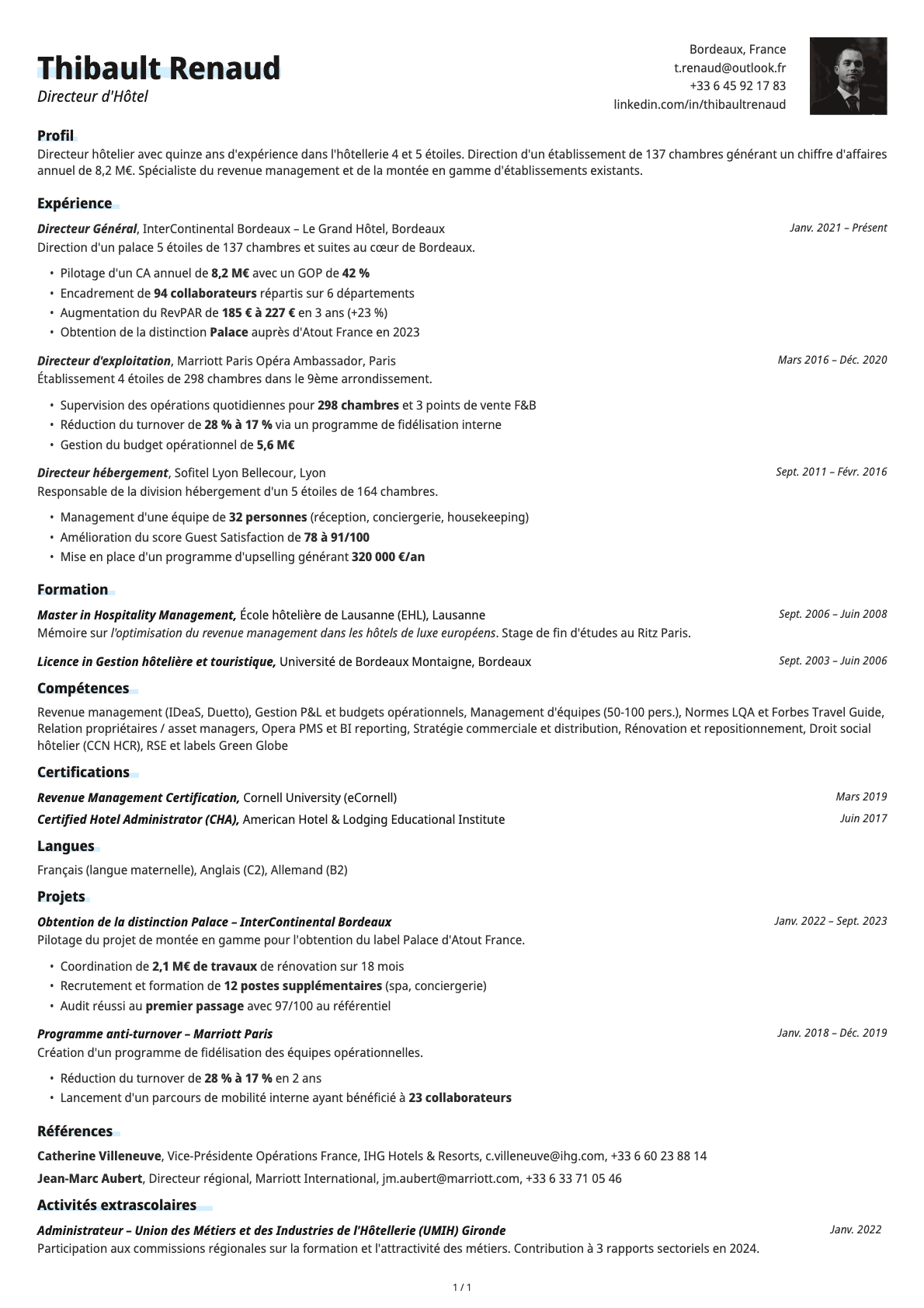 Directeur d'Hôtel resume example