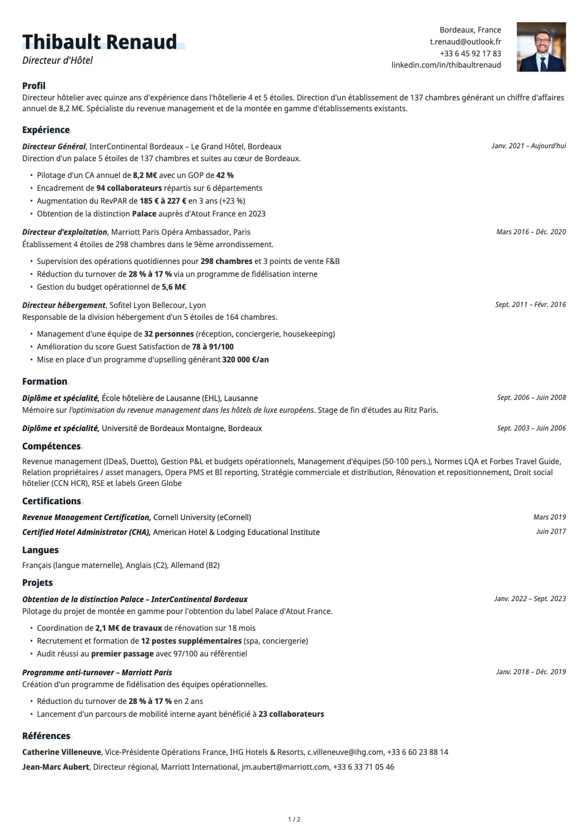 Directeur d'Hôtel resume example
