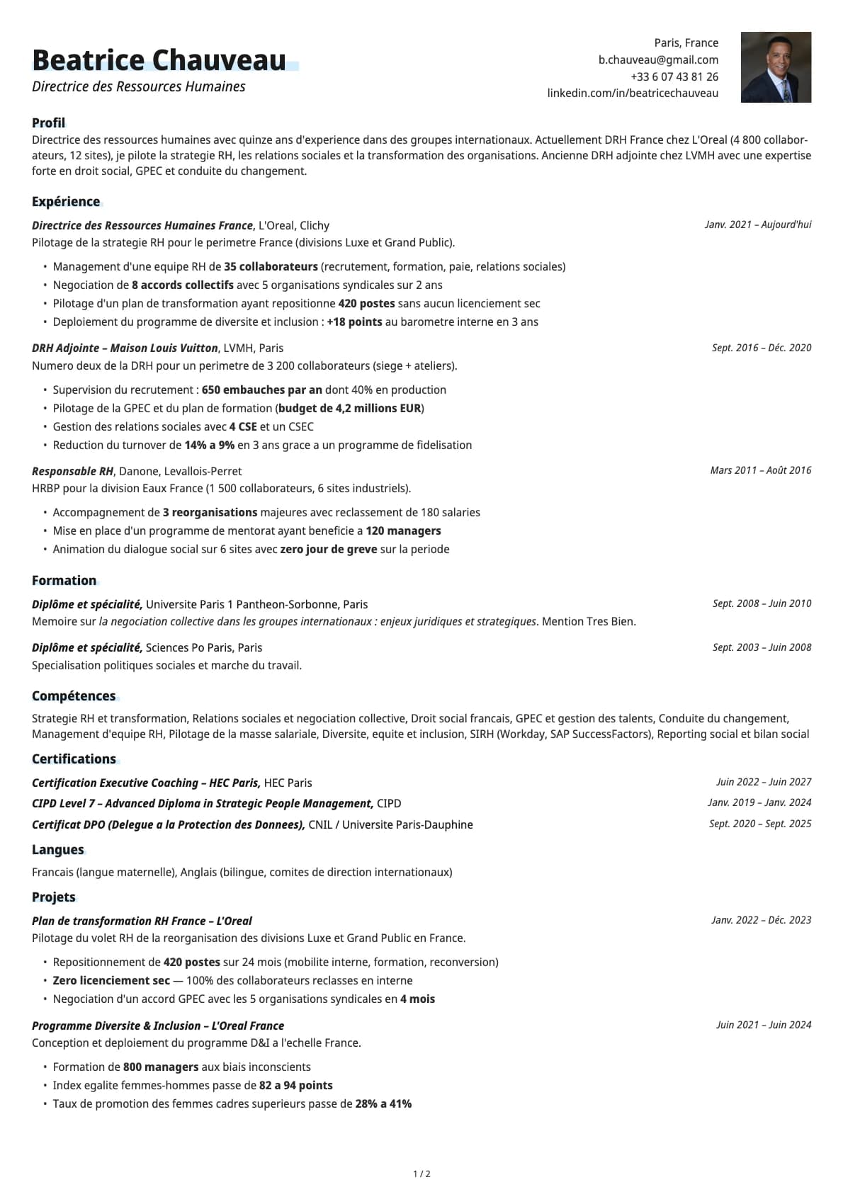Directeur des Ressources Humaines resume example