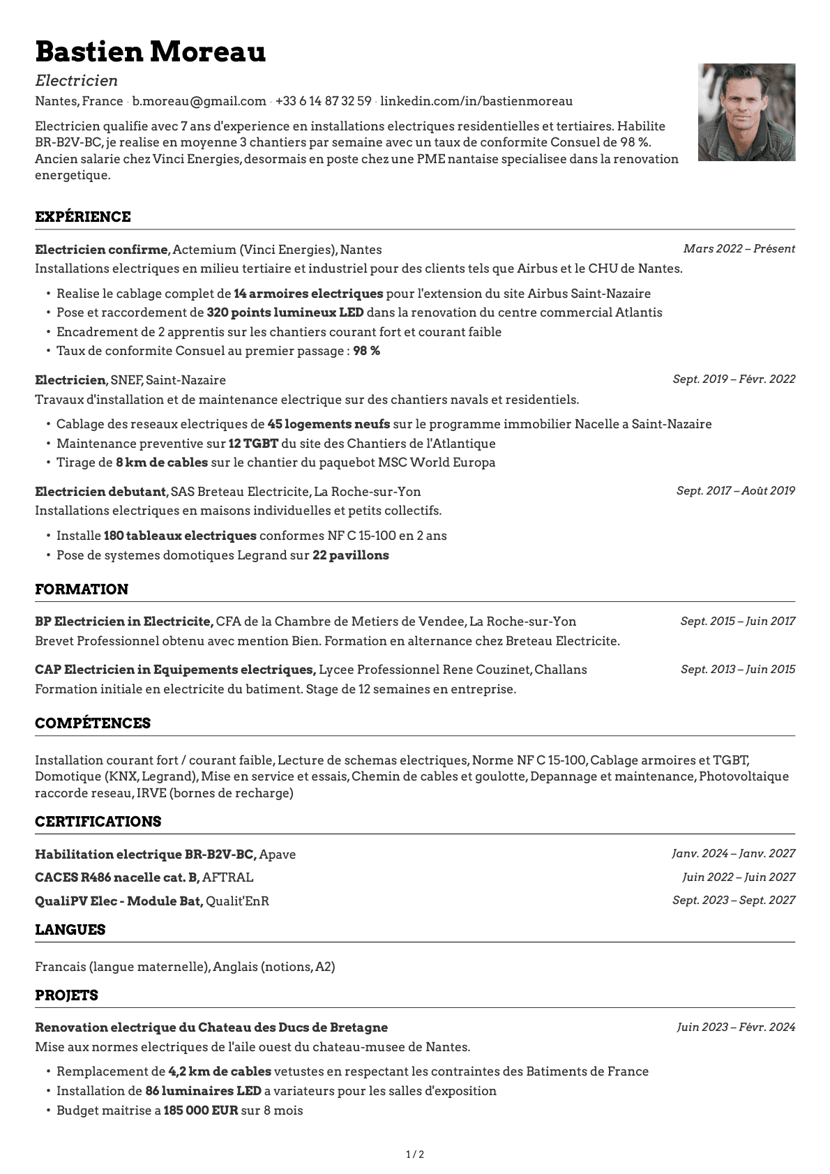 Électricien resume example