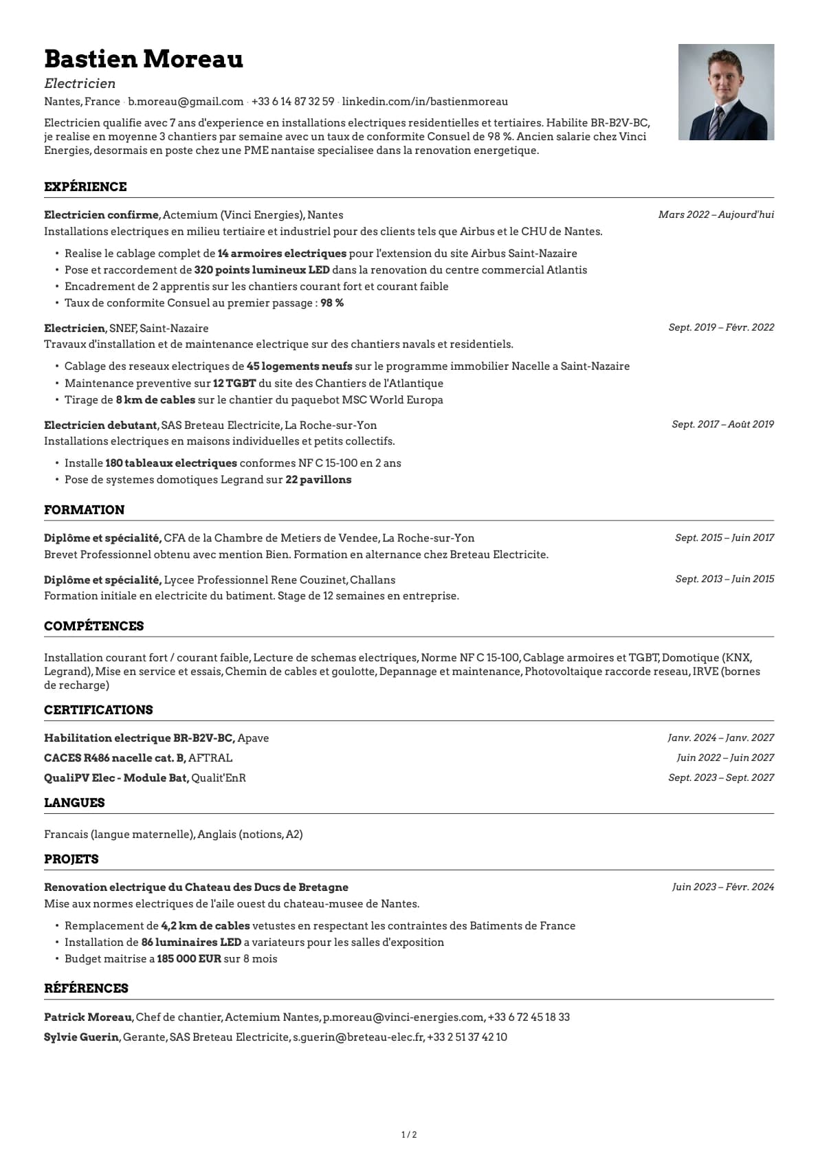 Électricien resume example