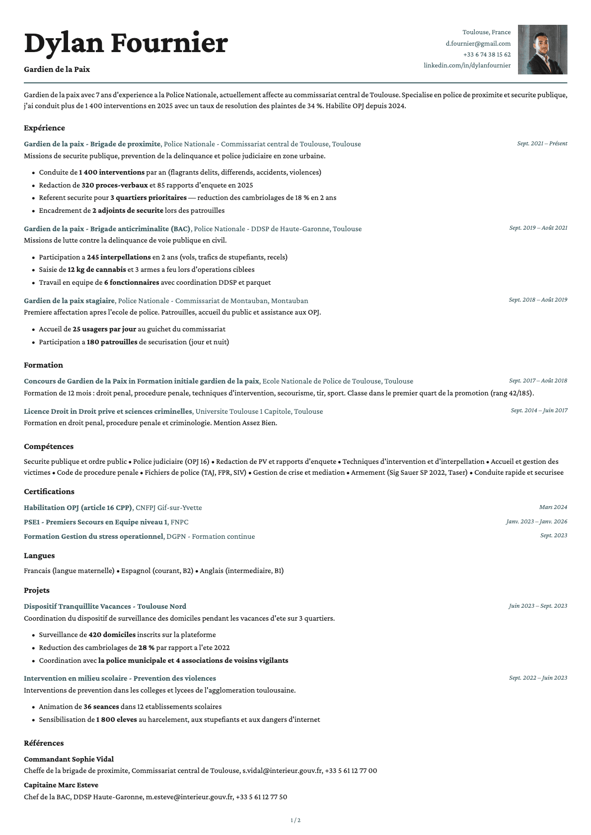 Gardien de la Paix resume example