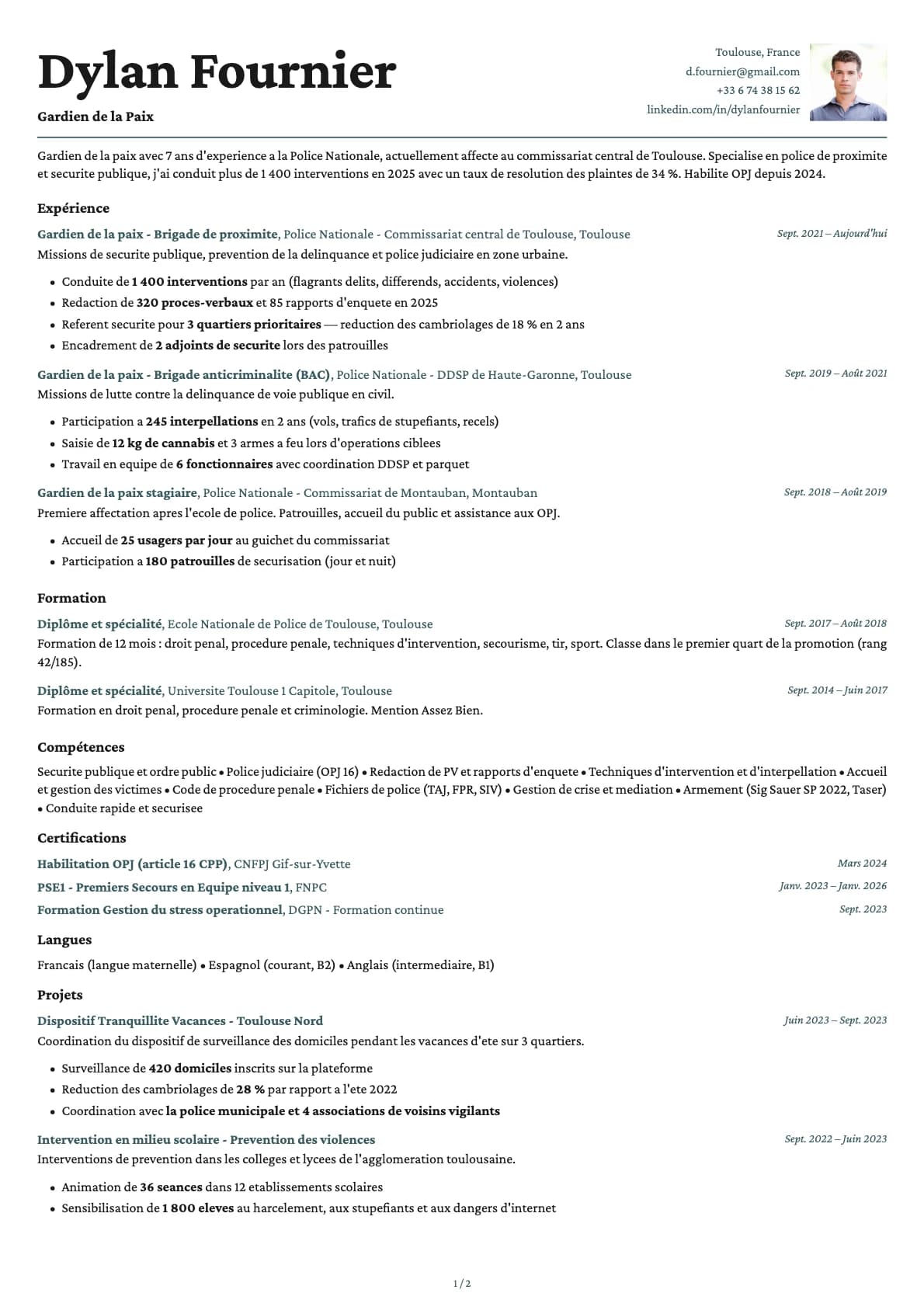 Gardien de la Paix resume example