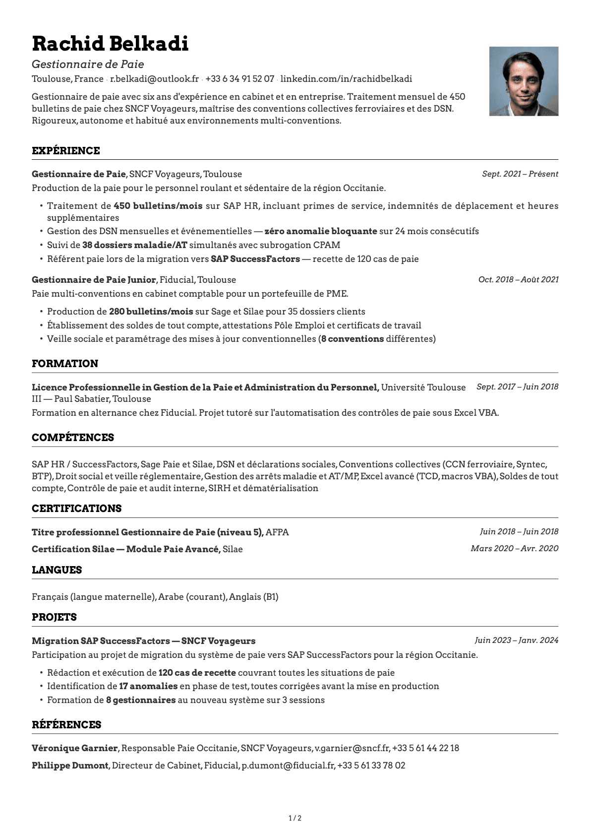 Gestionnaire de Paie resume example