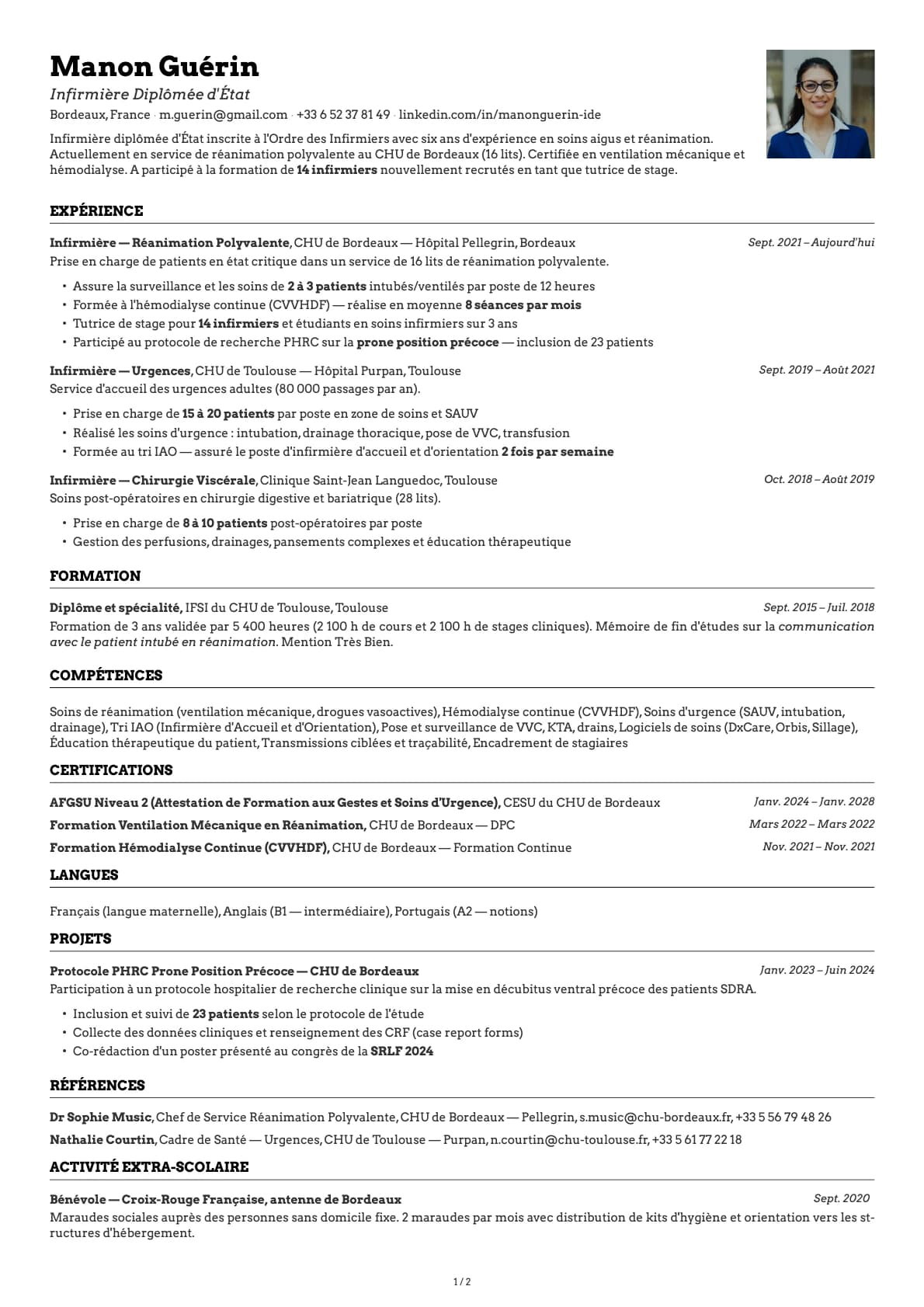 Infirmier / Infirmière resume example