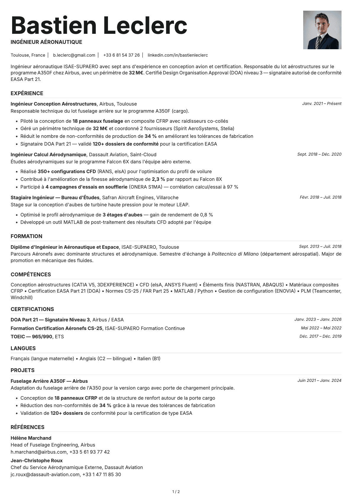 Ingénieur Aéronautique resume example