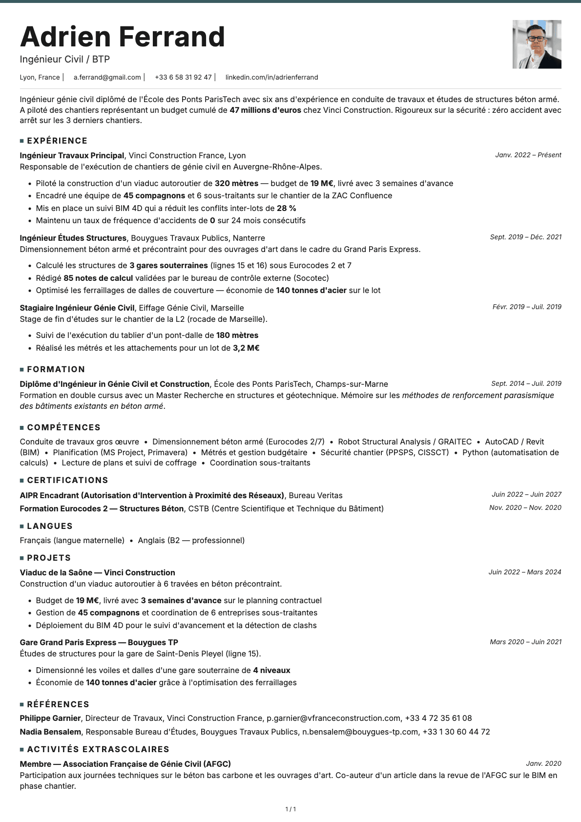 Ingénieur Civil / BTP resume example
