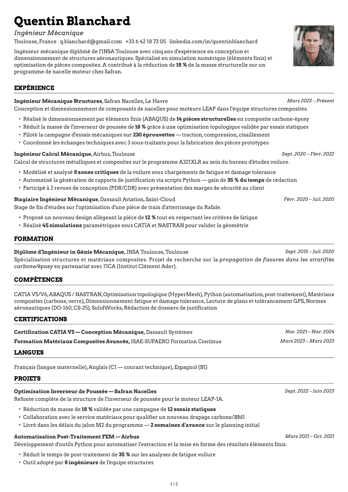 Ingénieur Mécanique resume example