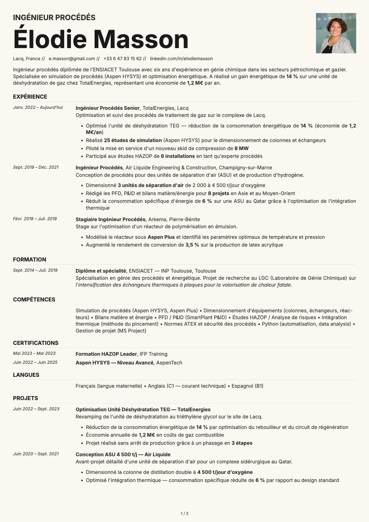 Ingénieur Procédés resume example