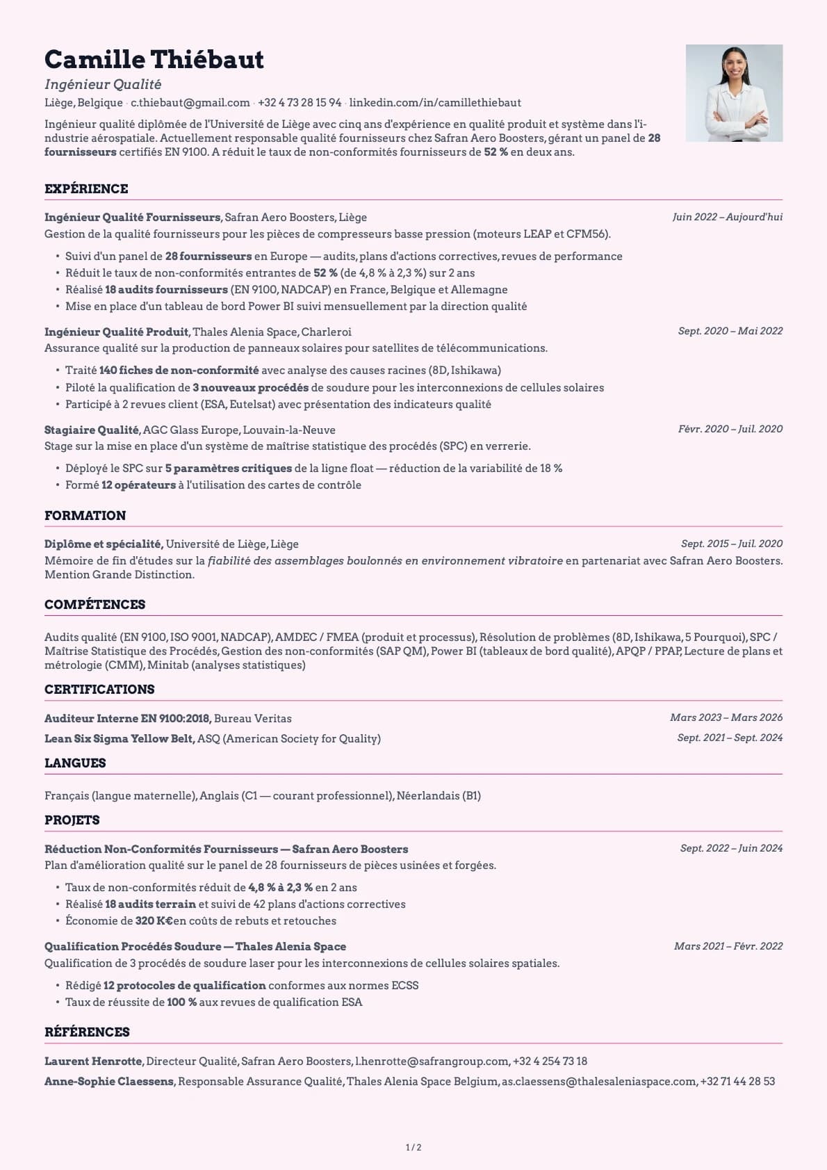Ingénieur Qualité resume example