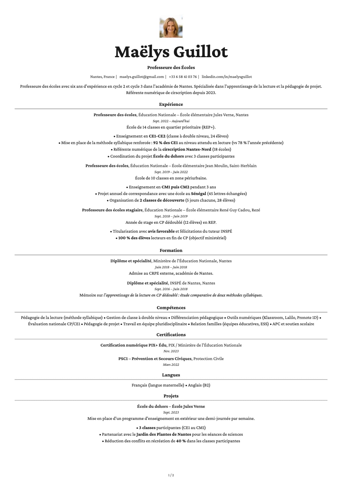 Instituteur / Professeur des Écoles resume example
