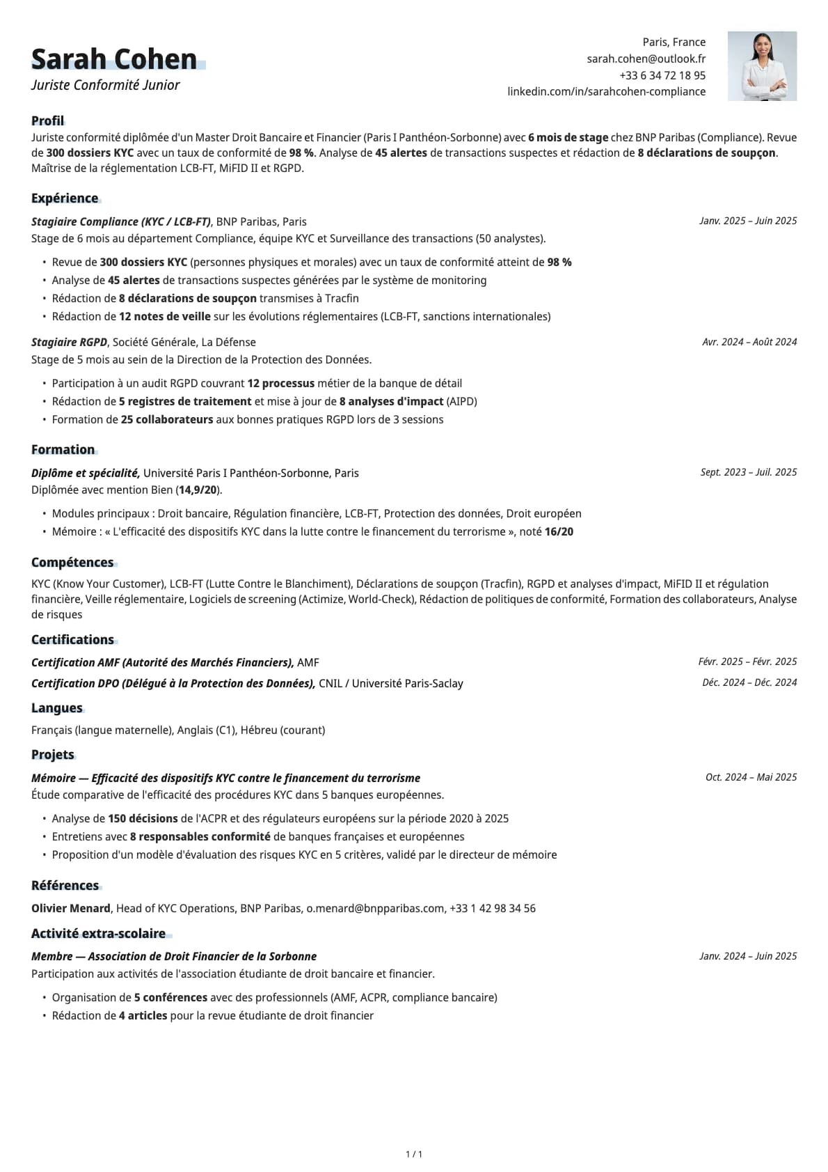Juriste Conformité Junior resume example