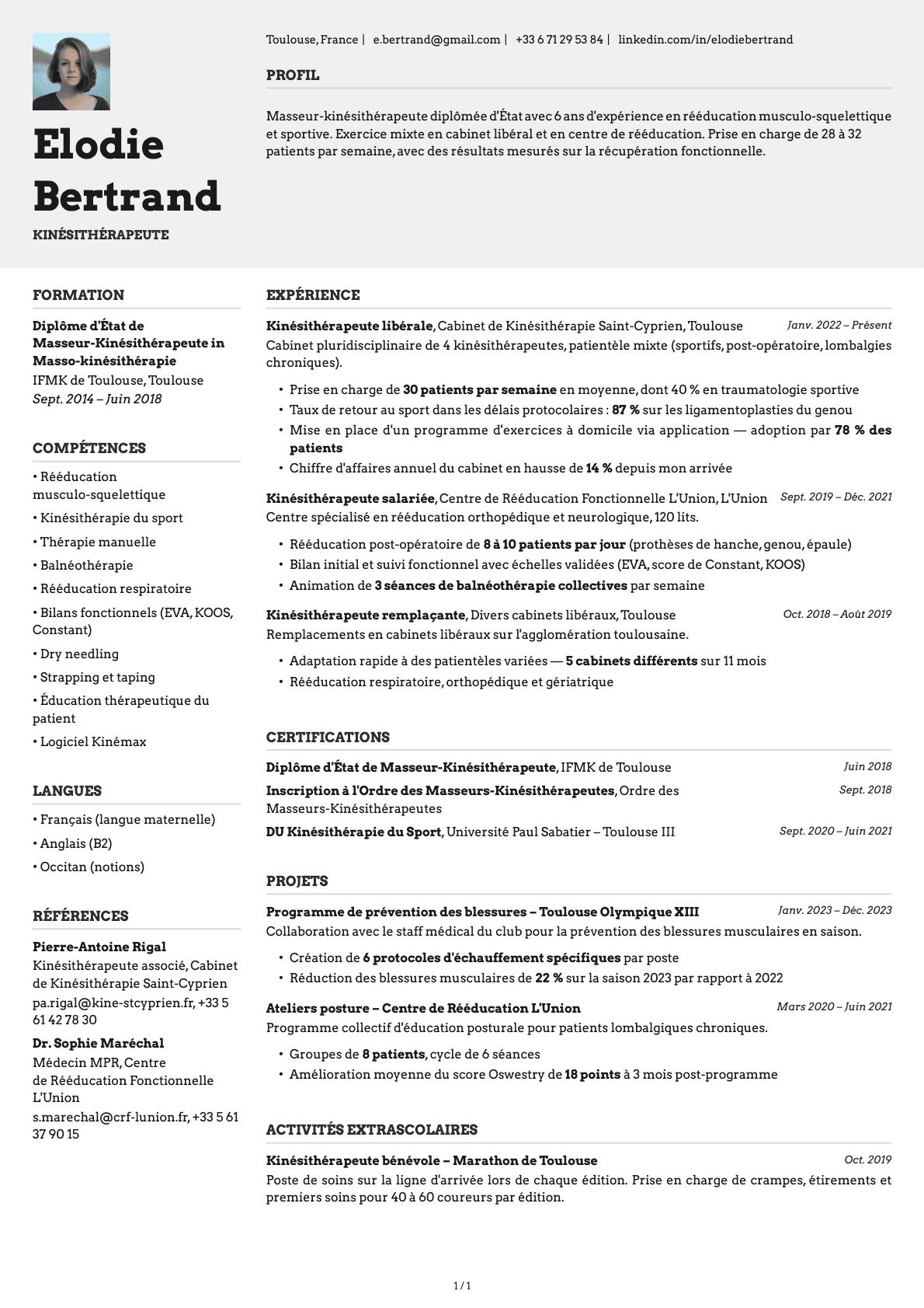 Kinésithérapeute resume example