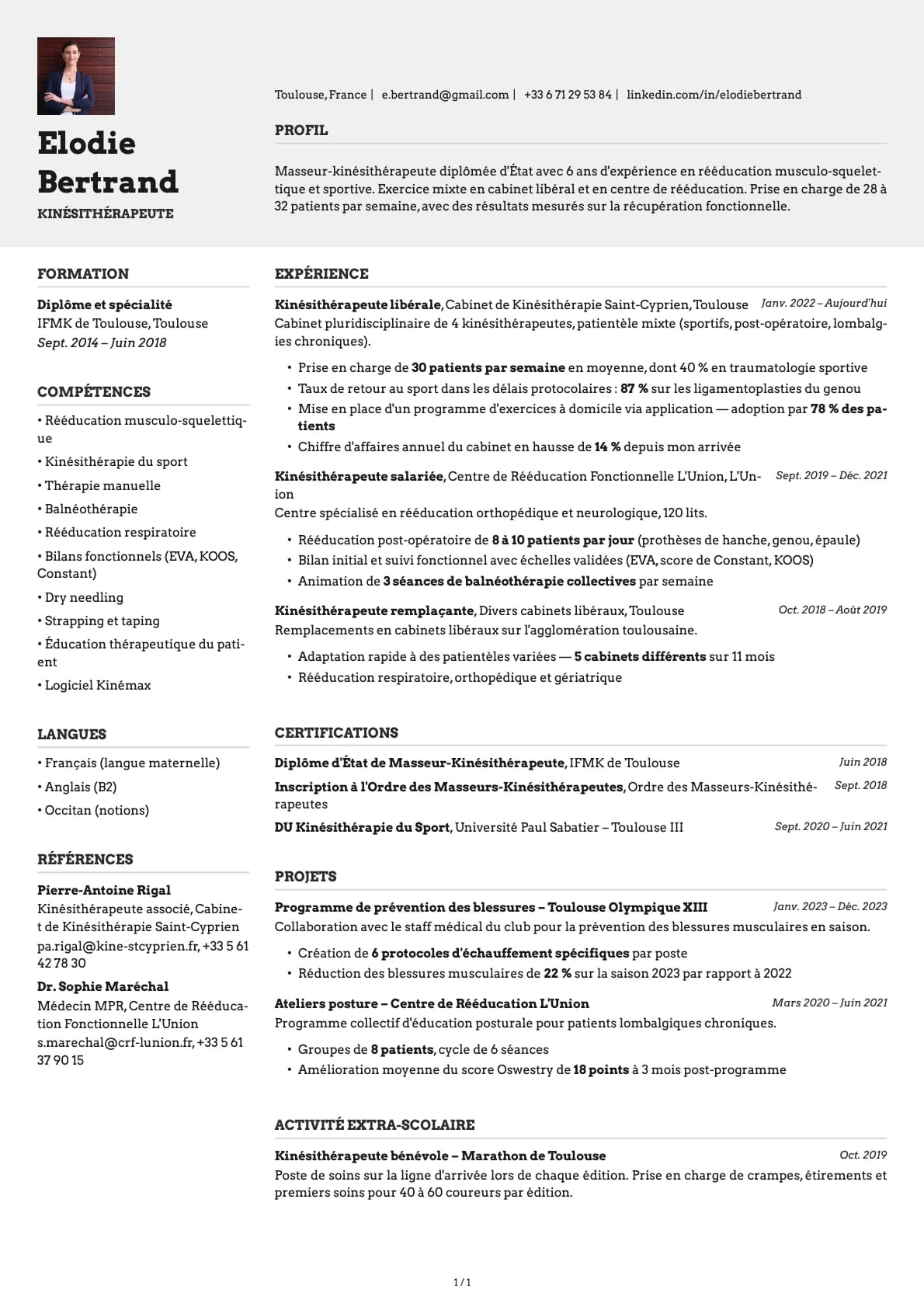 Kinésithérapeute resume example