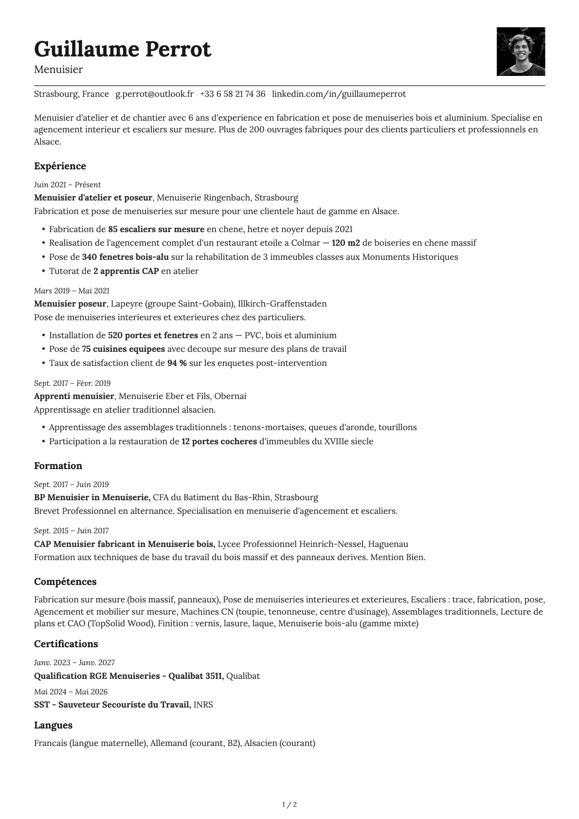 Menuisier resume example