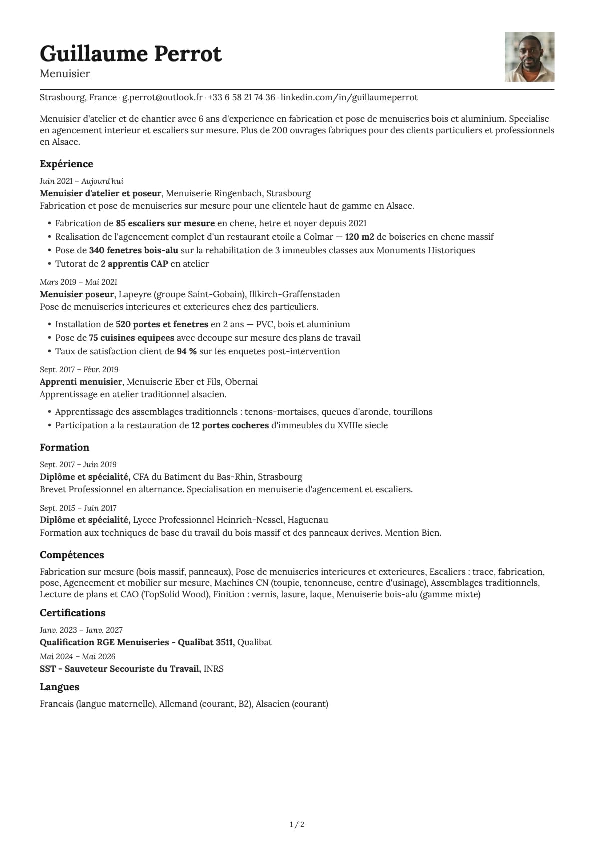 Menuisier resume example