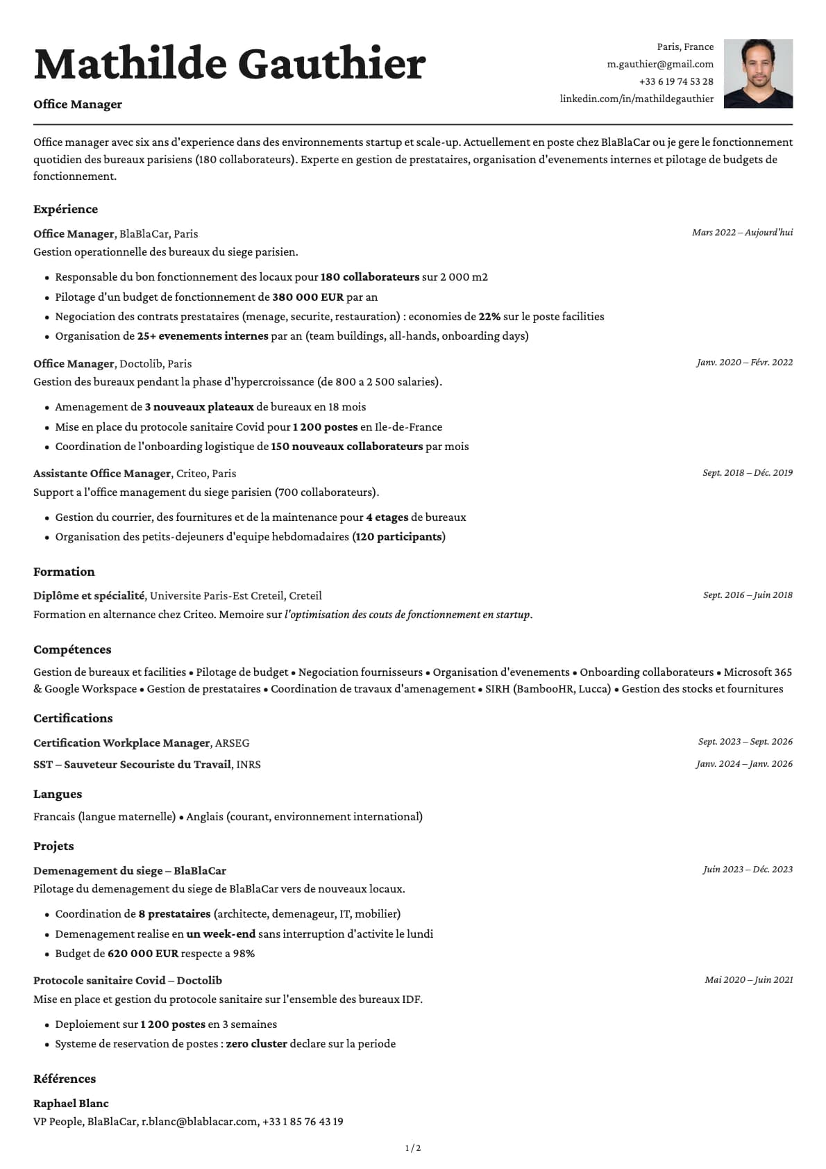 Responsable de bureau resume example