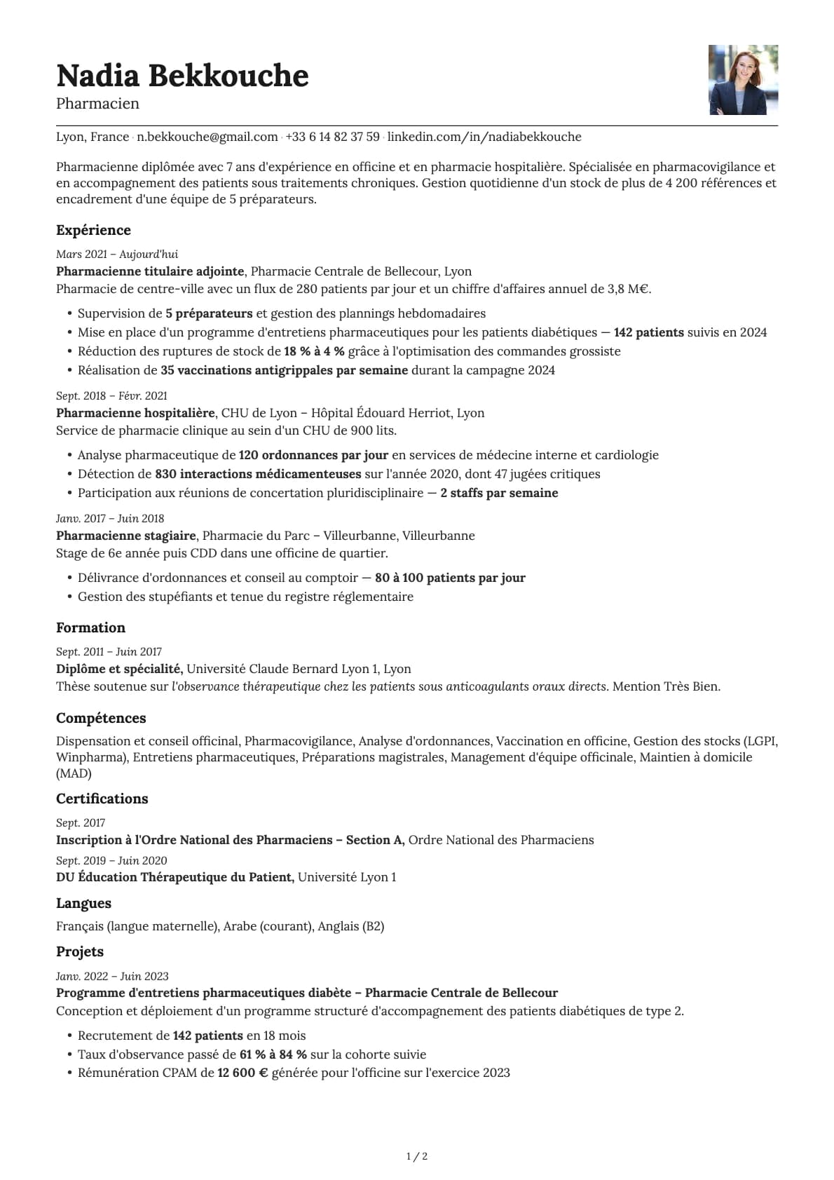 Pharmacien resume example