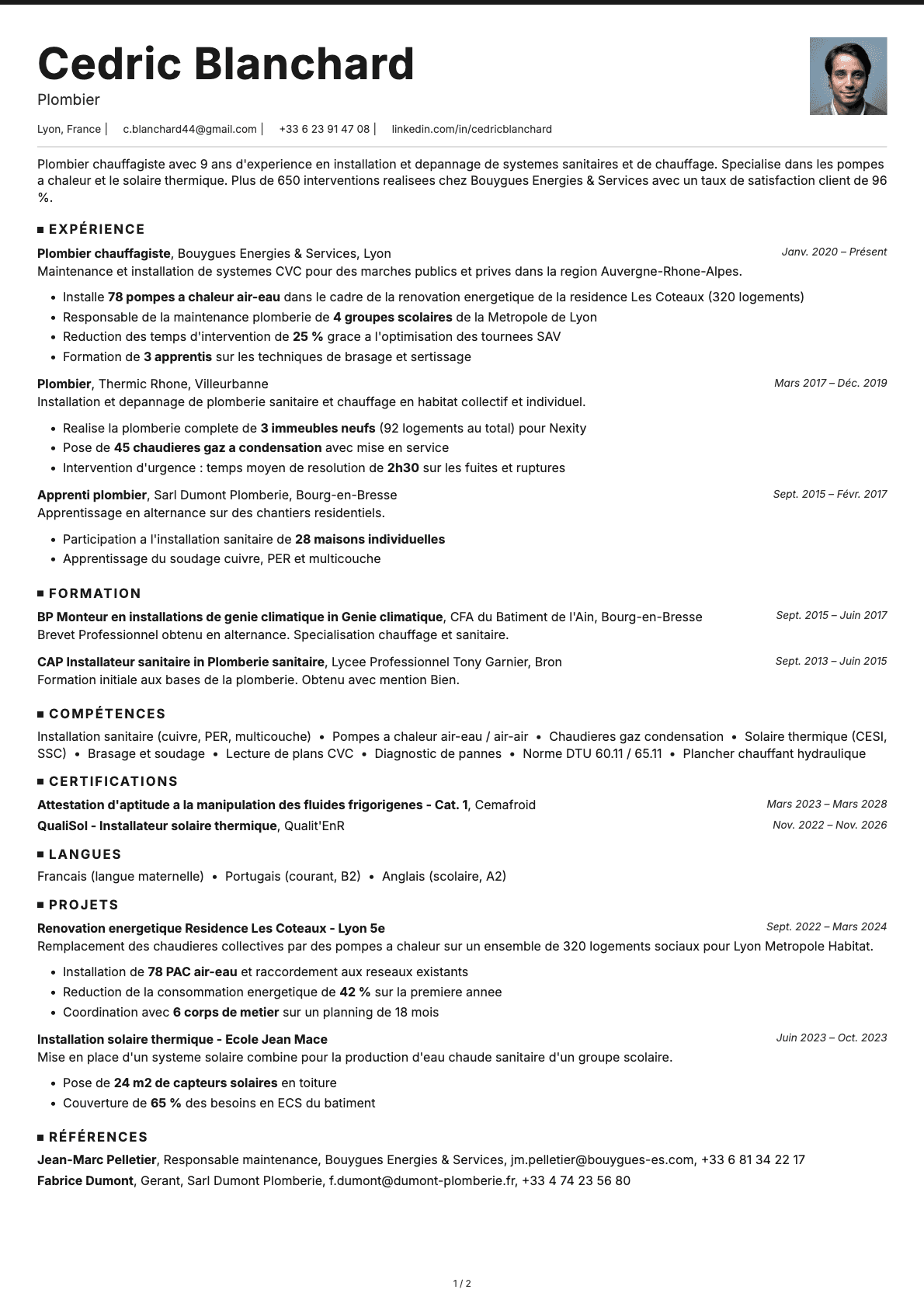 Plombier resume example