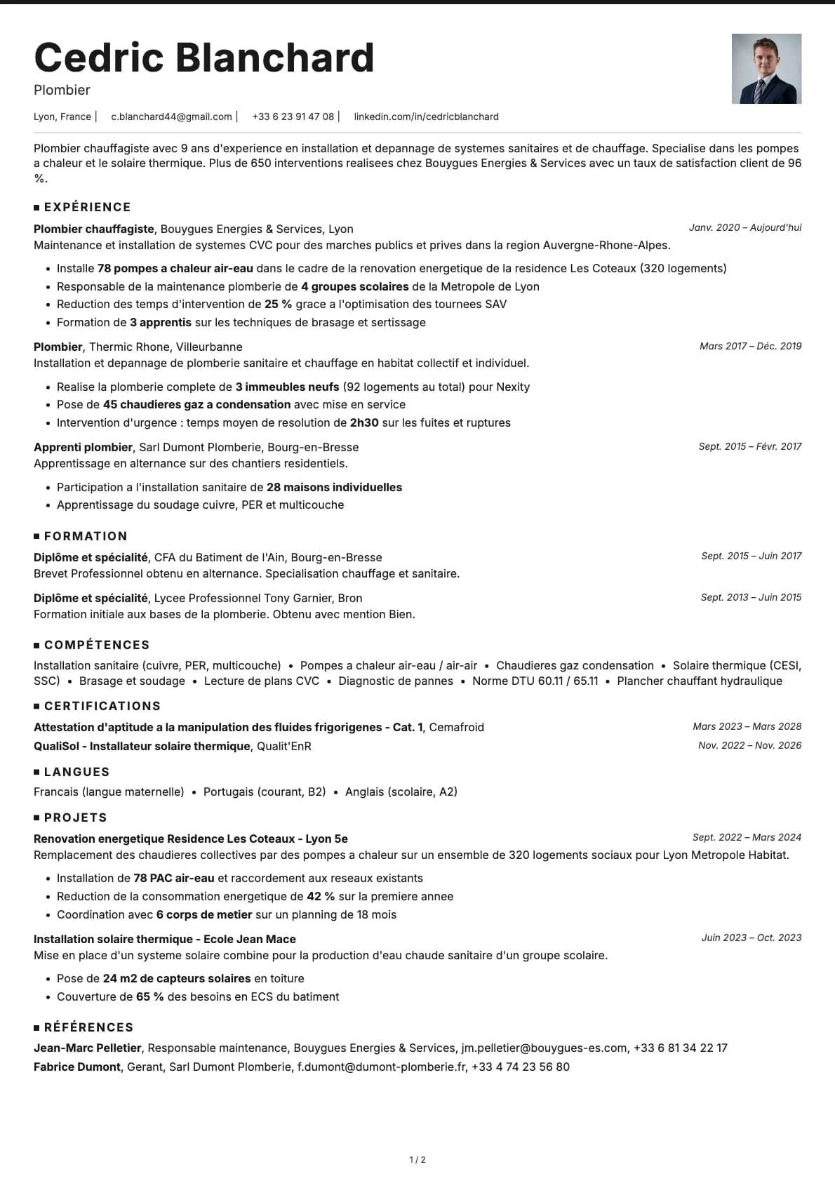 Plombier resume example
